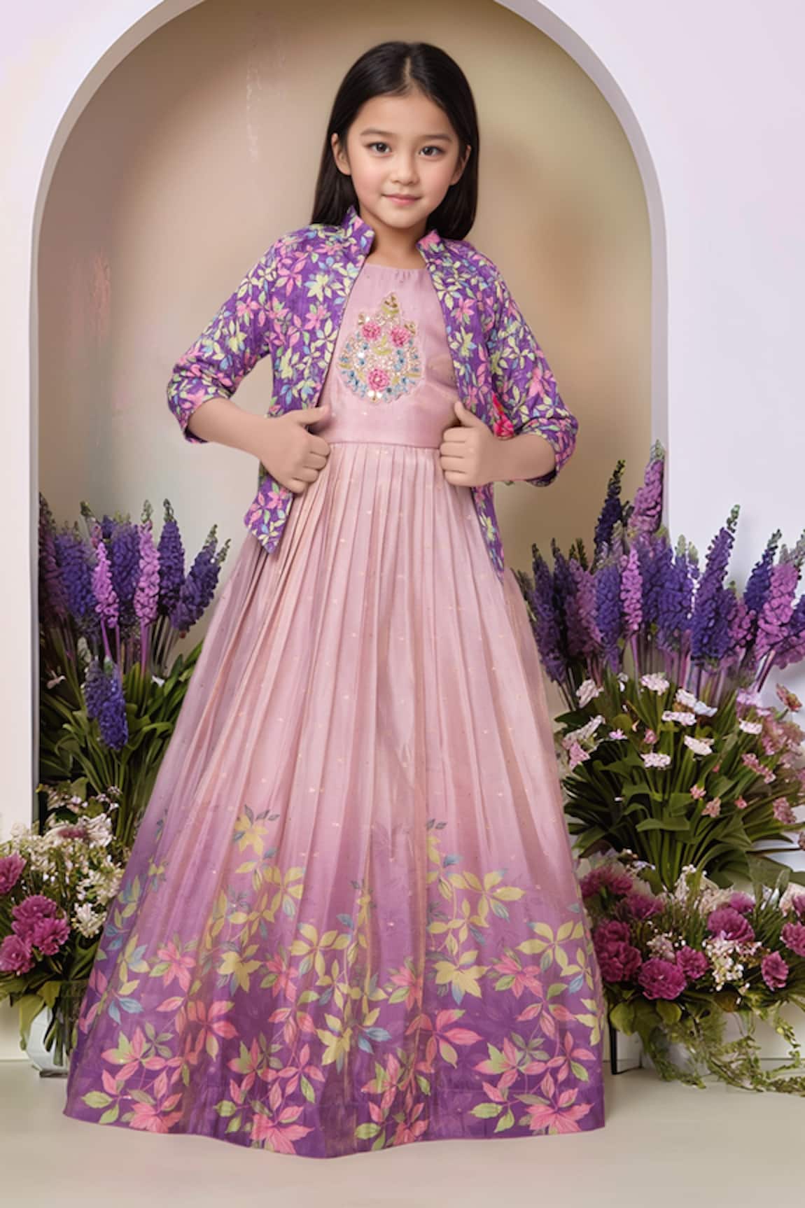 Petite Pomme Lavender Printed Gown & Jacket Set 