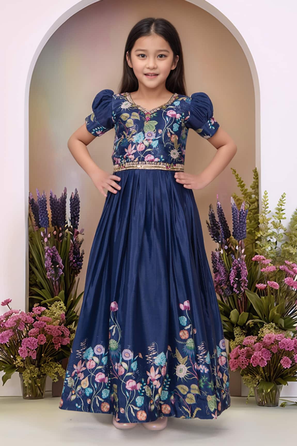 Petite Pomme Navy Blue Embroidered Designer Gown 