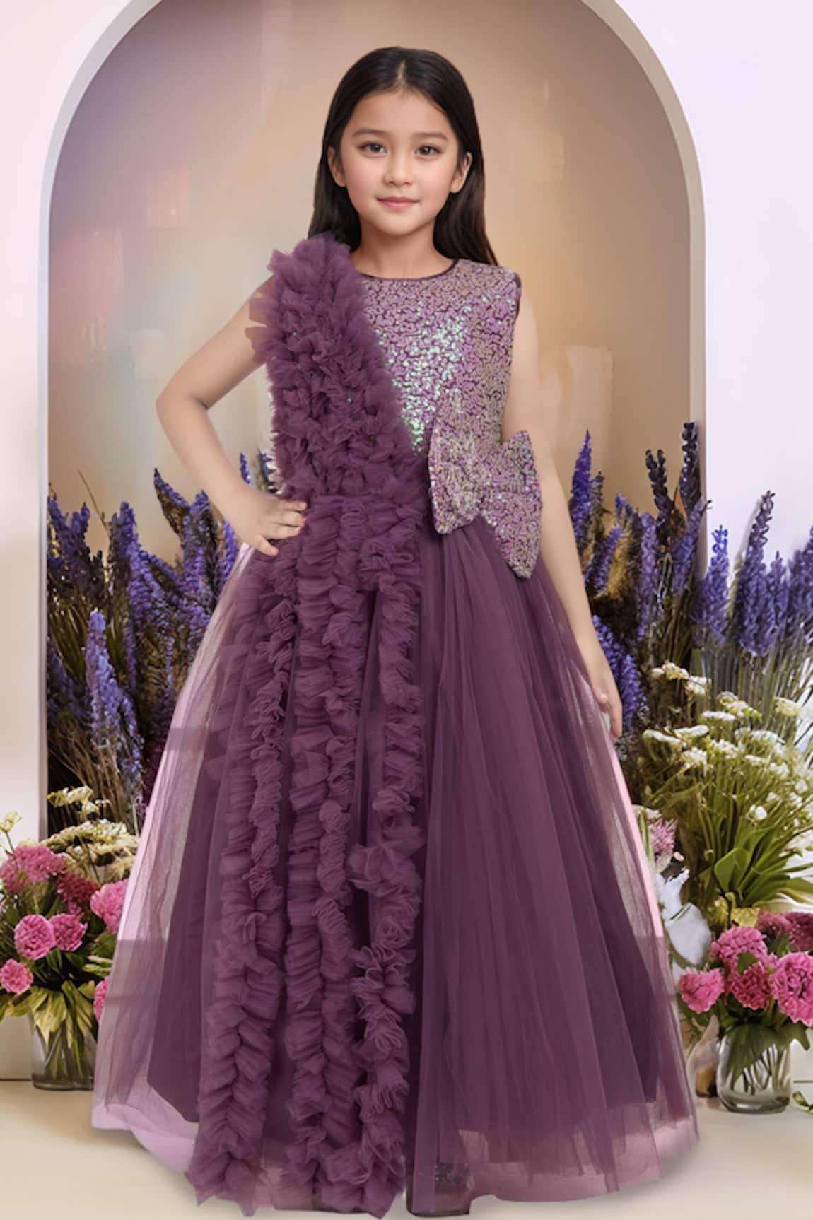 Petite Pomme Designer Embellished Wine Gown 