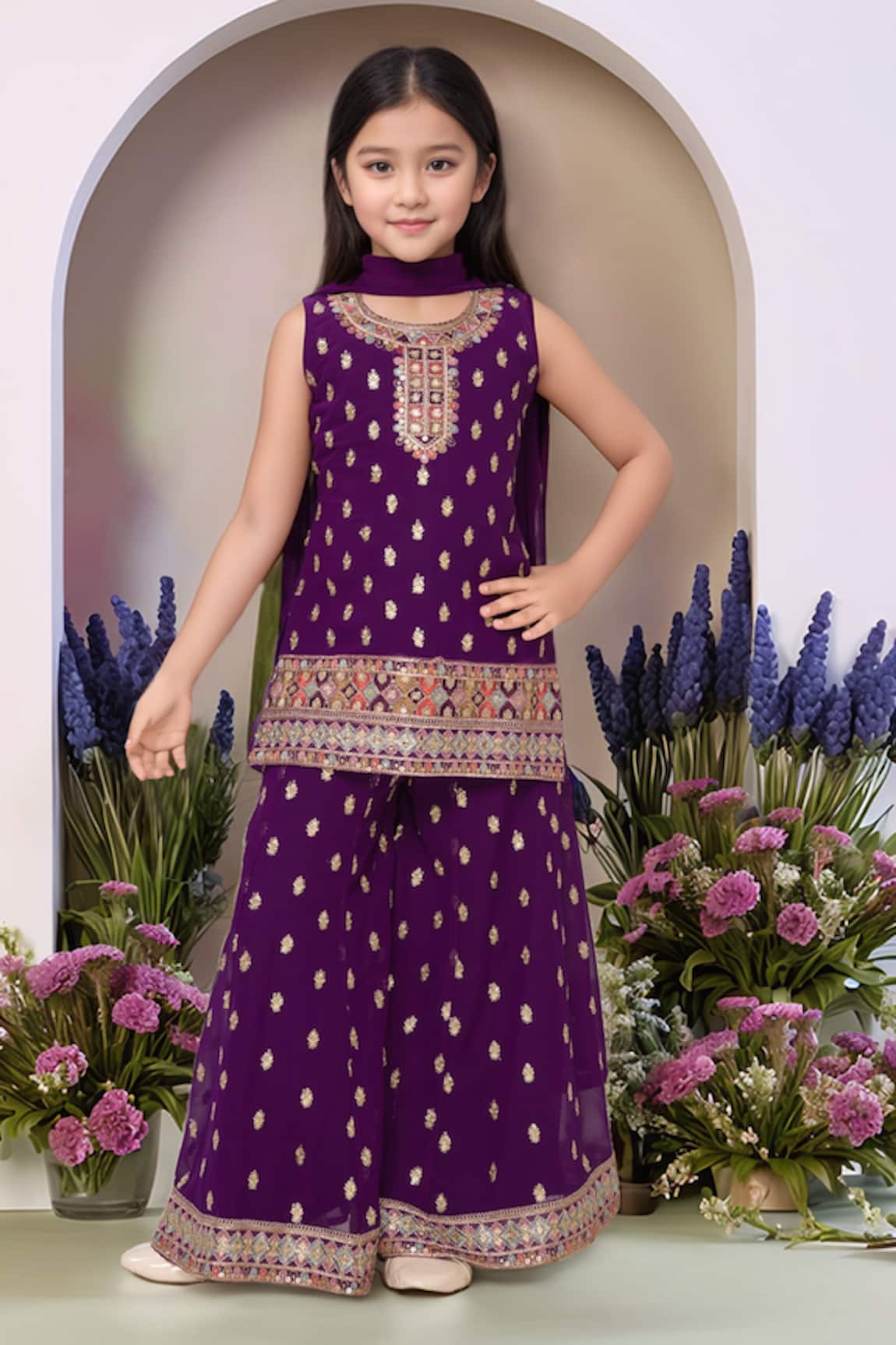 Petite Pomme Purple Georgette Embroidered Kurta Set 