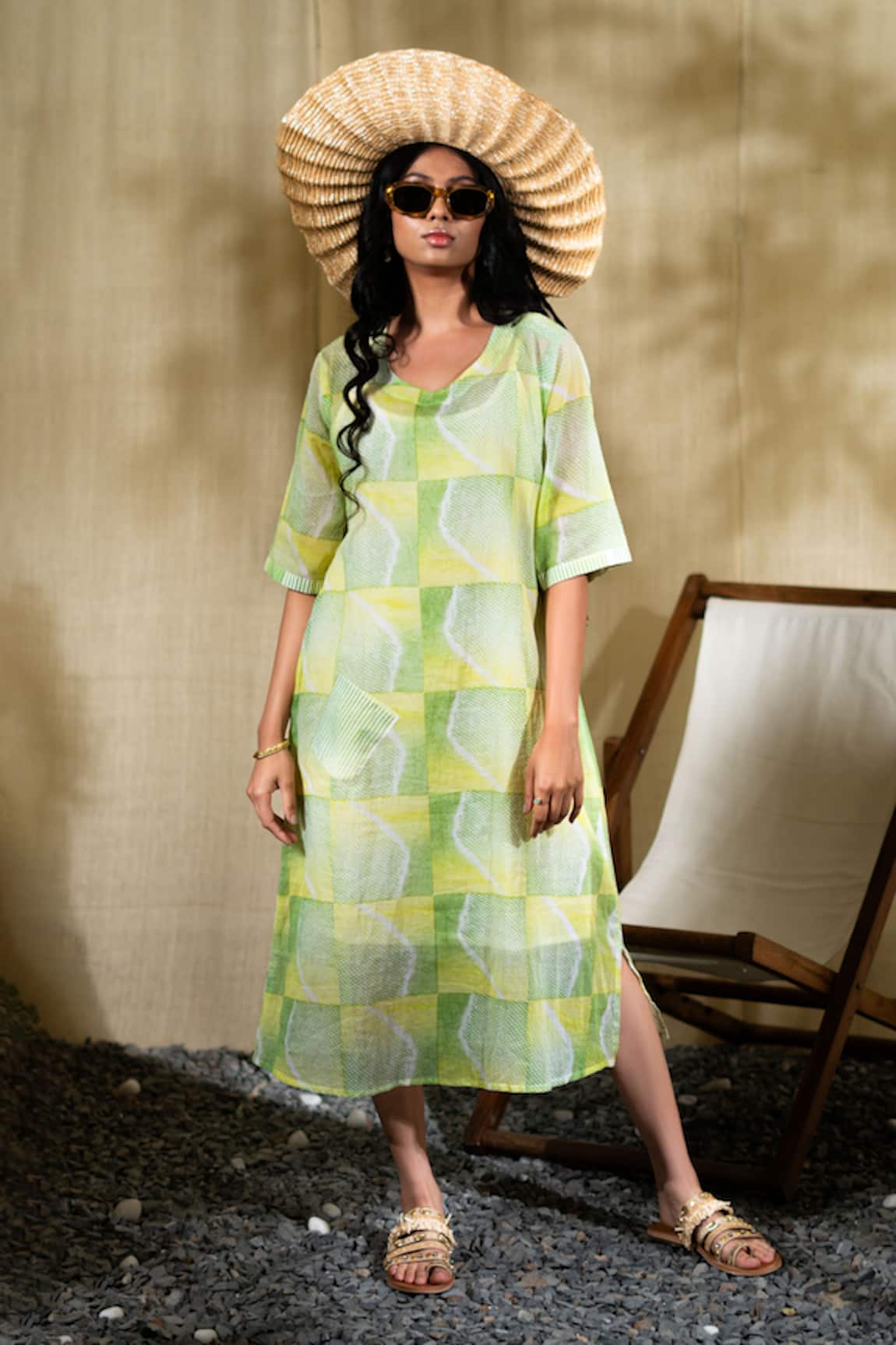 Banana Labs Lime Yellow Hand Block Print Dress 