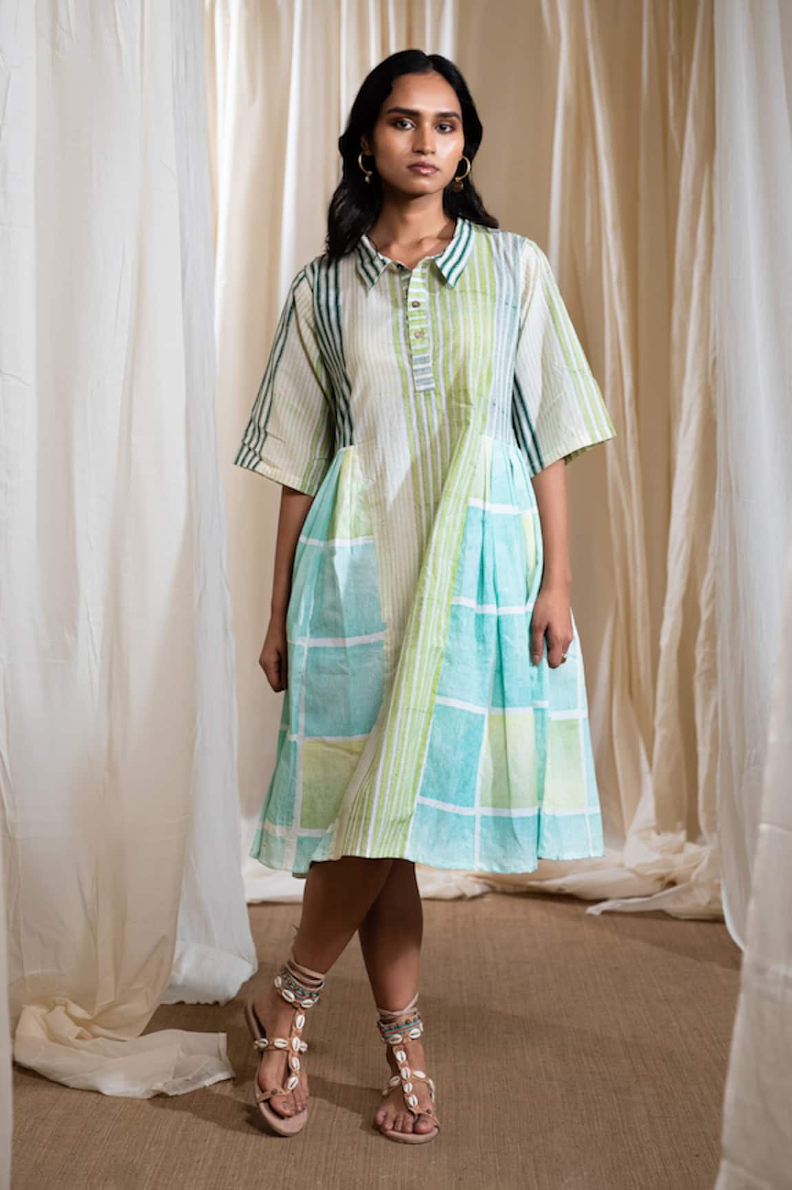 Banana Labs Aqua Blue & Green Striped Dress 