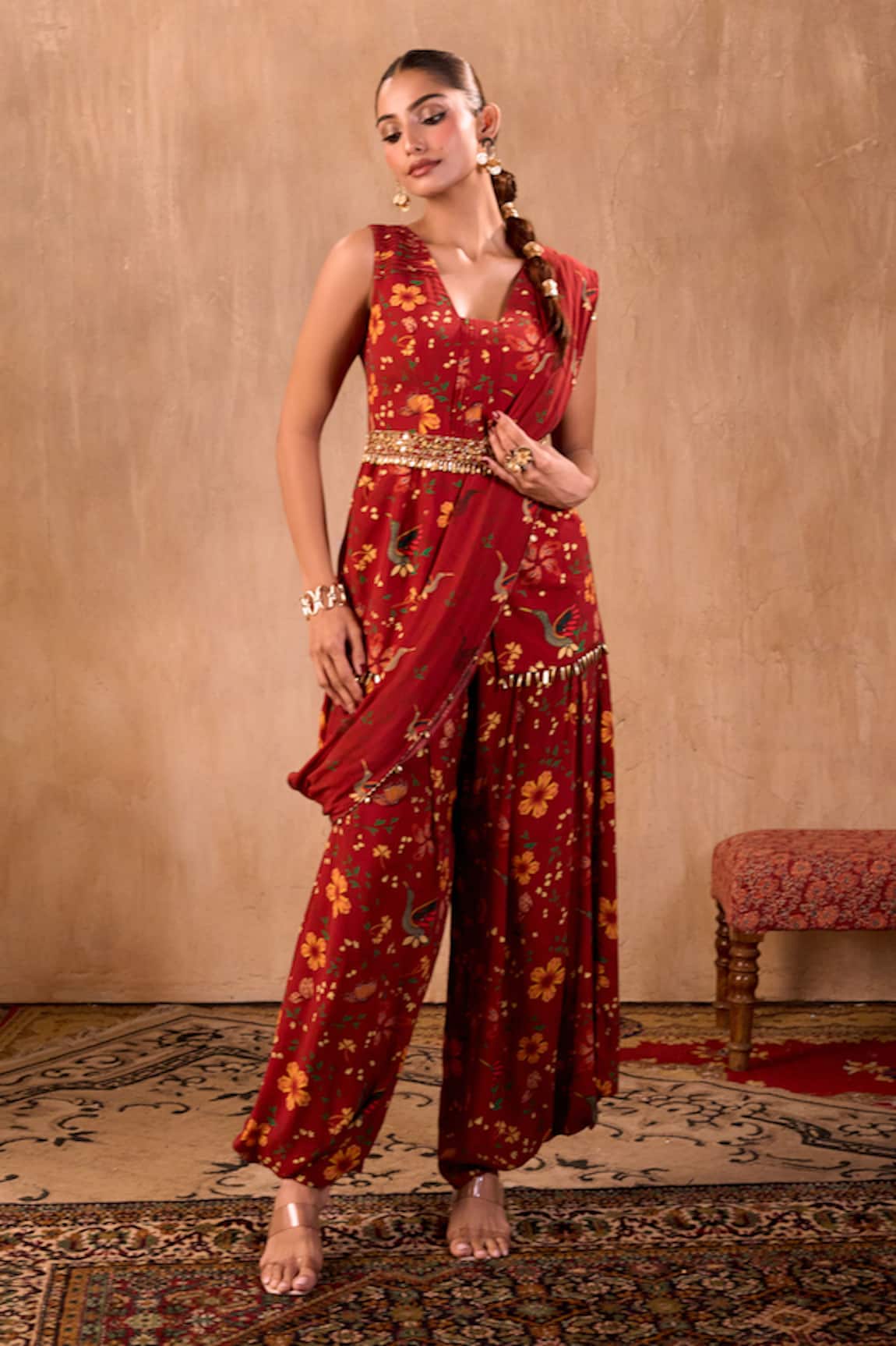 Mehak Murpana X AZA Floral Print Peplum Top & Draped Pant Set 