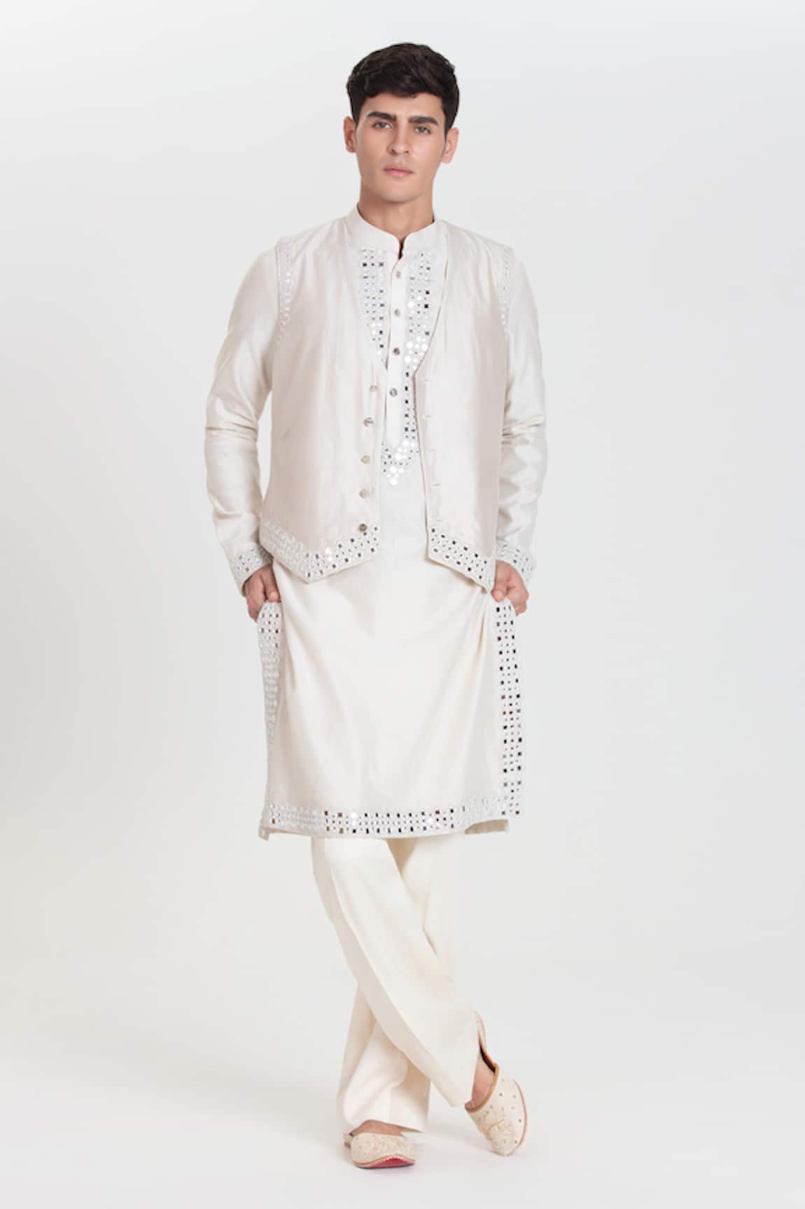 Abhinav Mishra Ivory Resham Mirror Work Nehru Jacket Set 