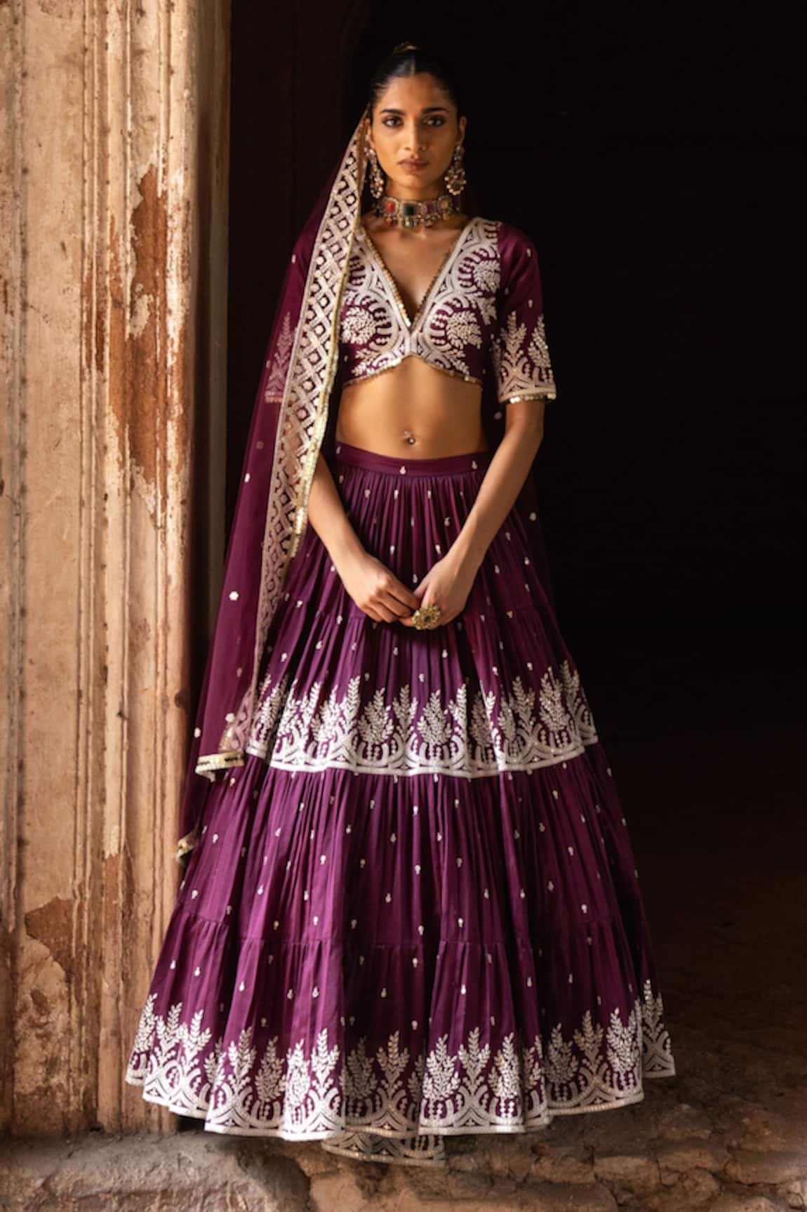 Preevin Wine Forest Lehenga Set With Embroidered Dupatta 