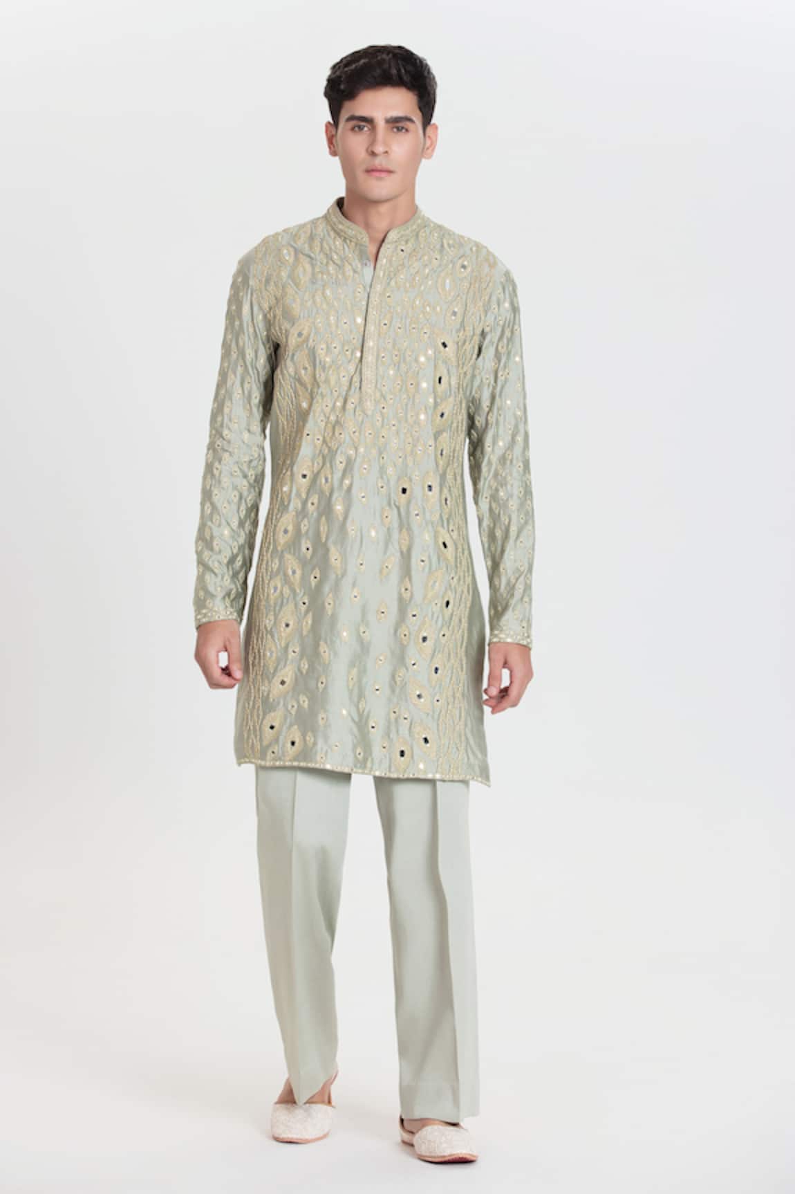 Abhinav Mishra Pistachio Green Resham Mirror Work Kurta Set 