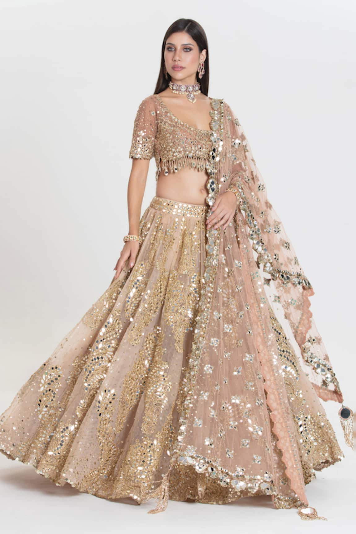 Abhinav Mishra Chamak Champaign Gold Mirror Embroidered Lehenga Set 