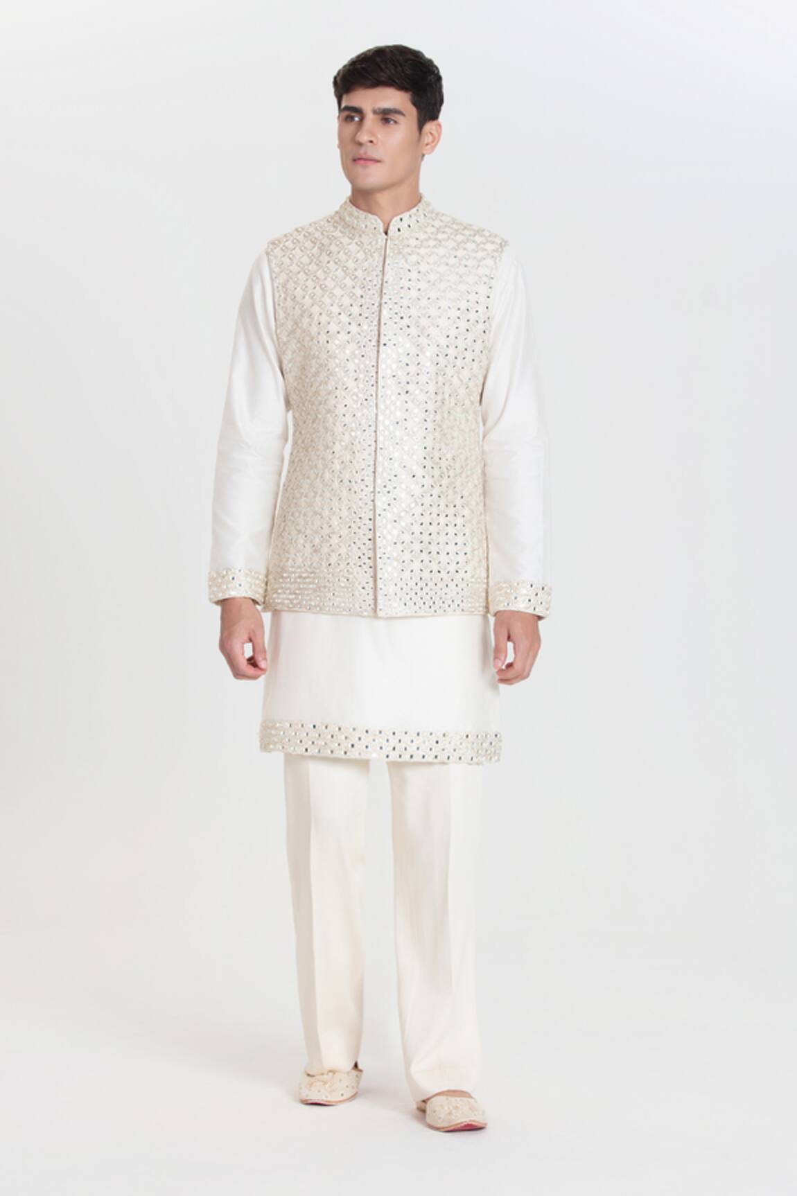 Abhinav Mishra Designer Ivory Chanderi Nehru Jacket Set 