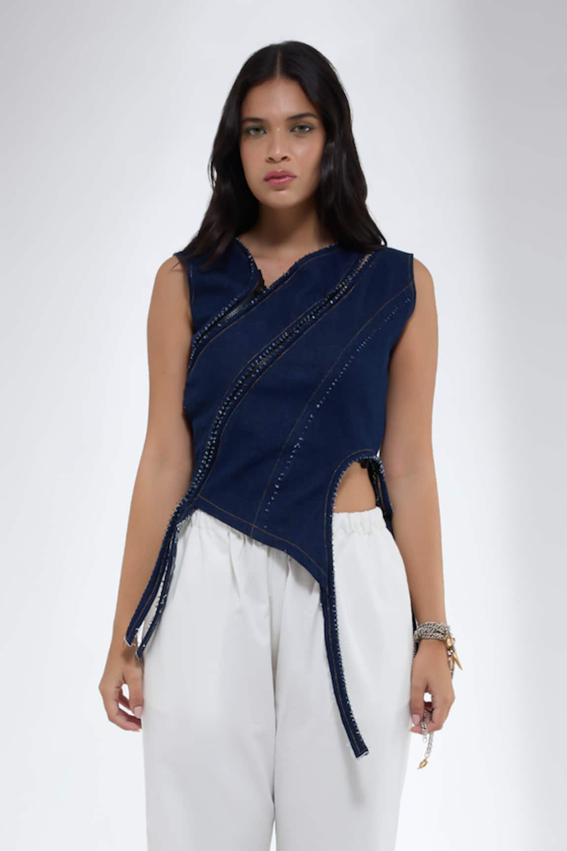 Krati Jain Dark Blue Sleeveless Denim Crop Top 