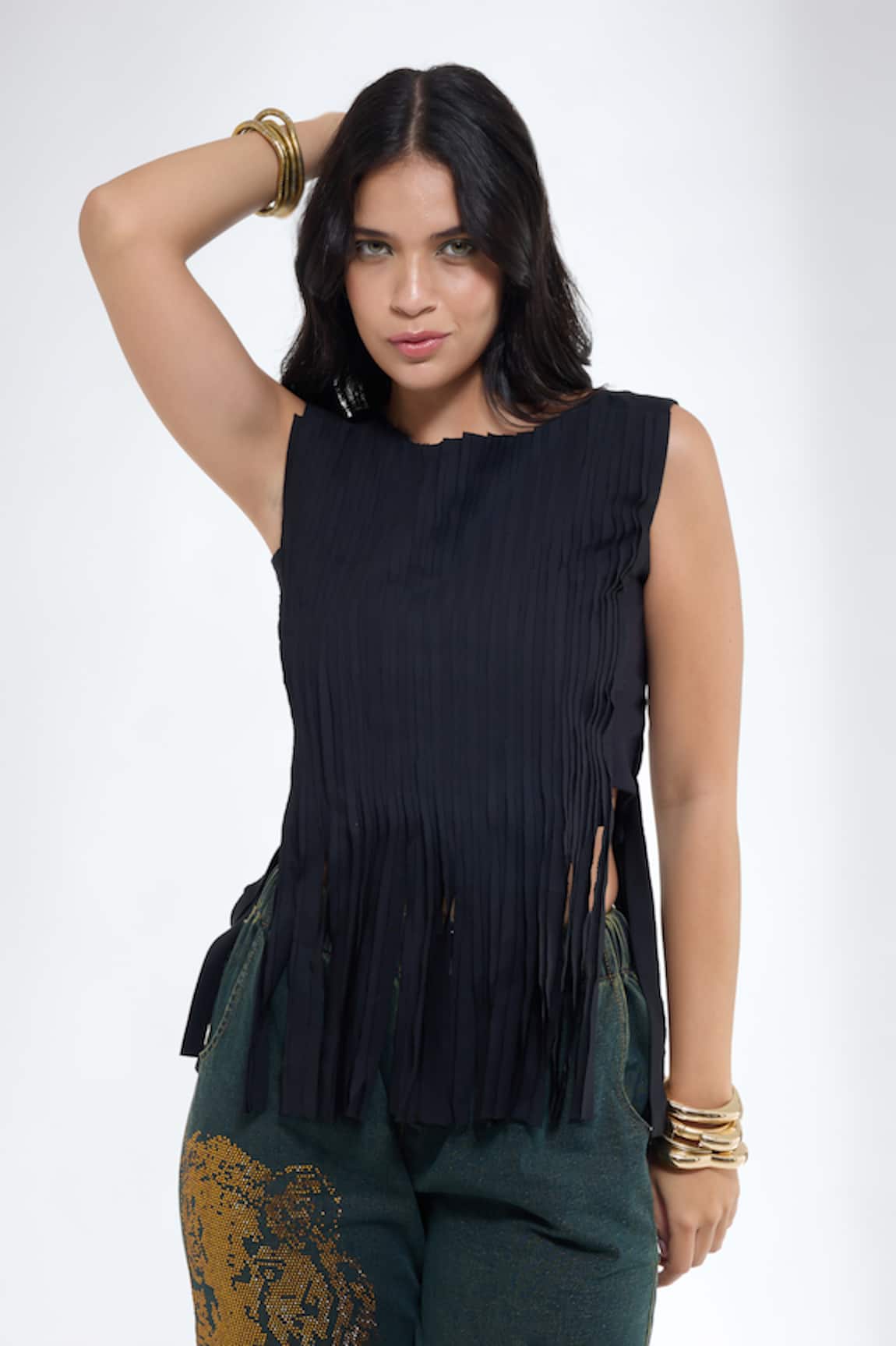Krati Jain Frayed Textured Black Crop Top 