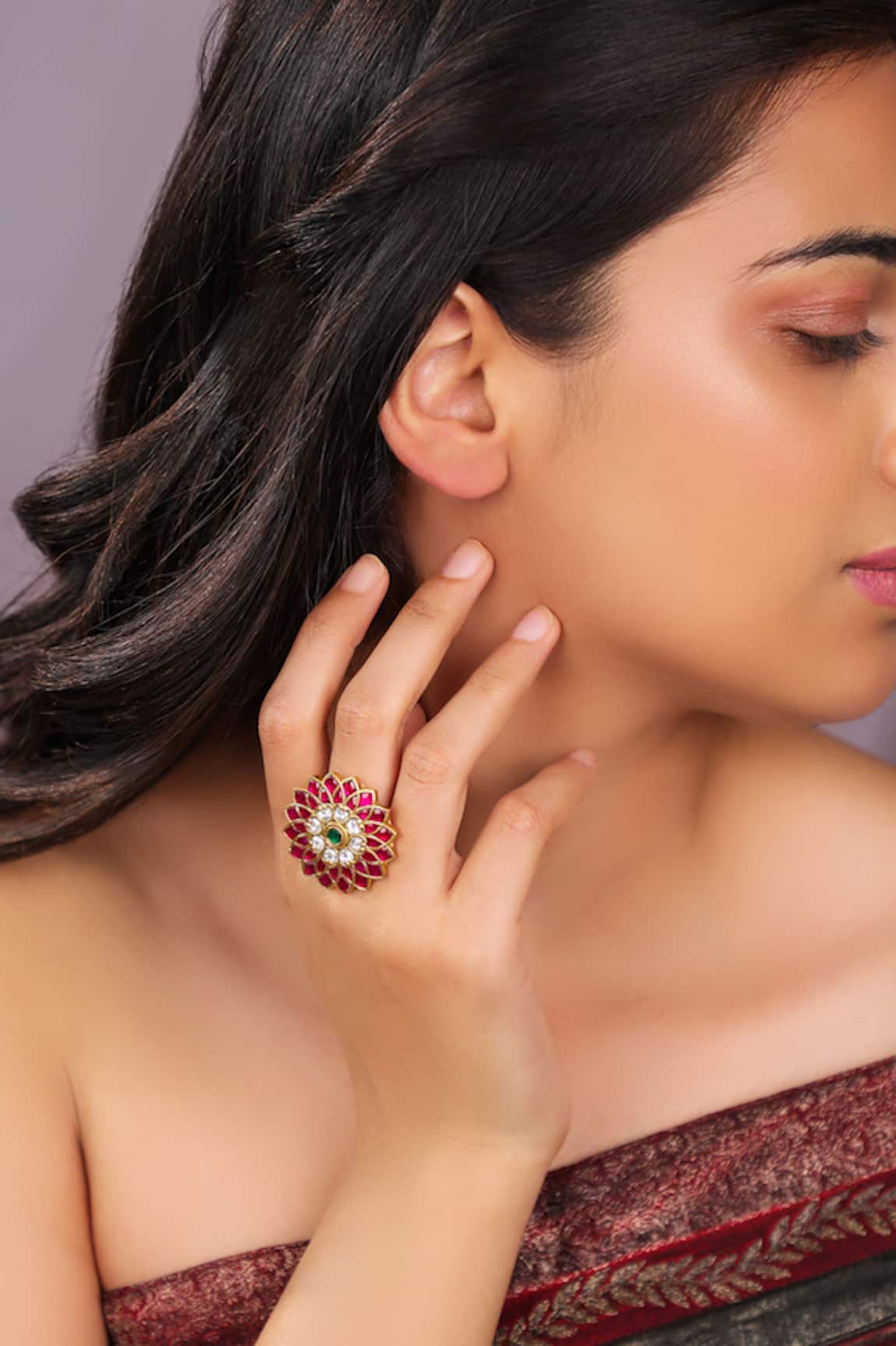 Riana Jewellery Handcrafted Pink Green Floral Ring 