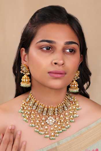 Riana Jewellery Heavy Jadtar Kundan Set With Pearl And Jhumkis 