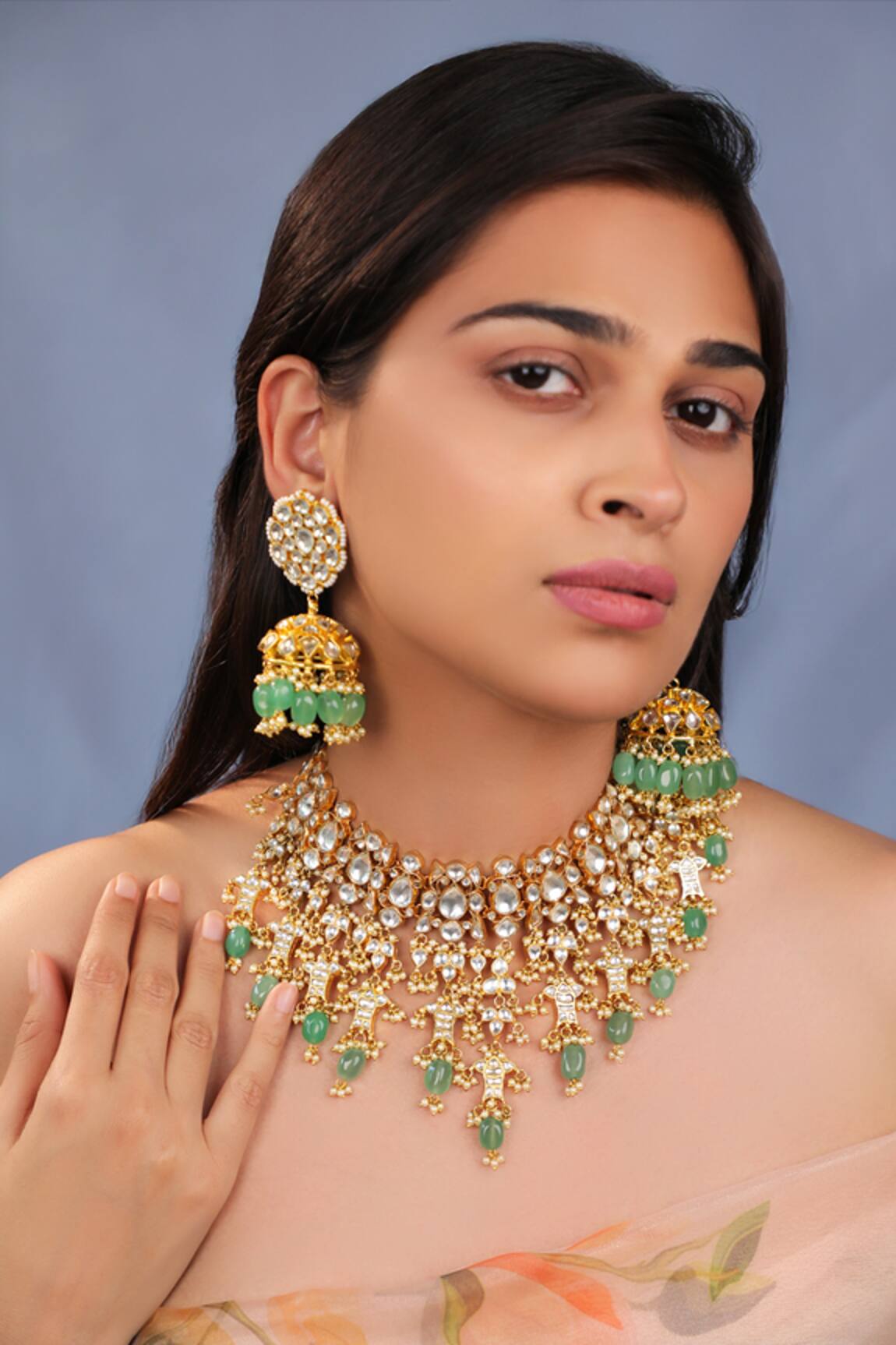 Riana Jewellery Jade Green Bridal Necklace With Jhumki Earings 