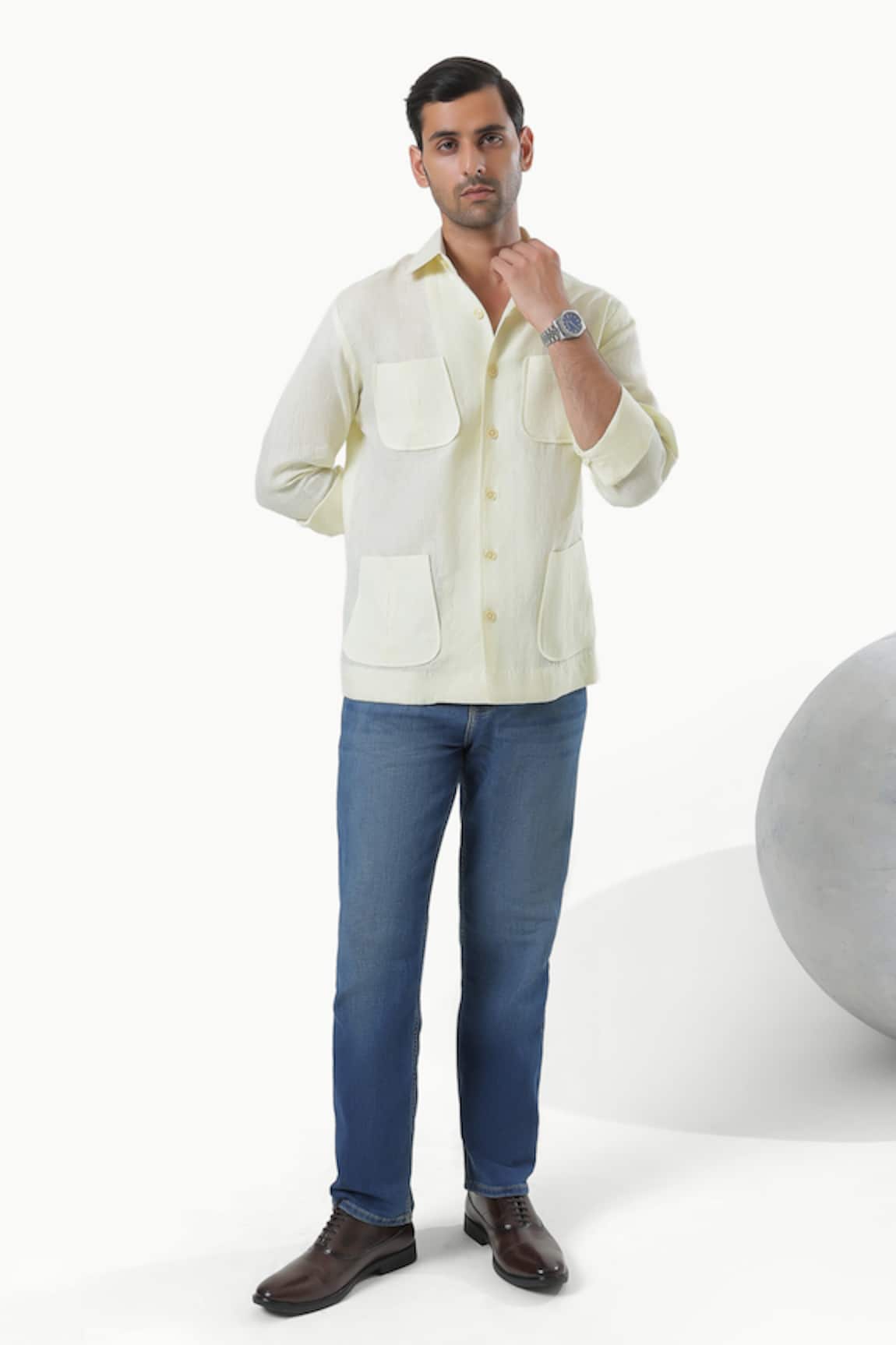 Kustomeyes Citrus Field Lime Yellow Pure Linen Designer Shirt 