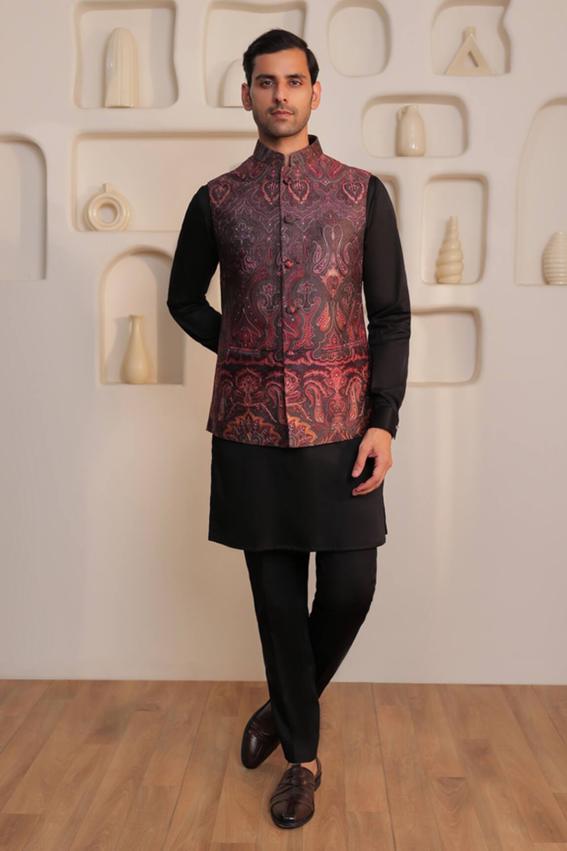 Kustomeyes Paisley Noir Silk Kurta Bundi Set 