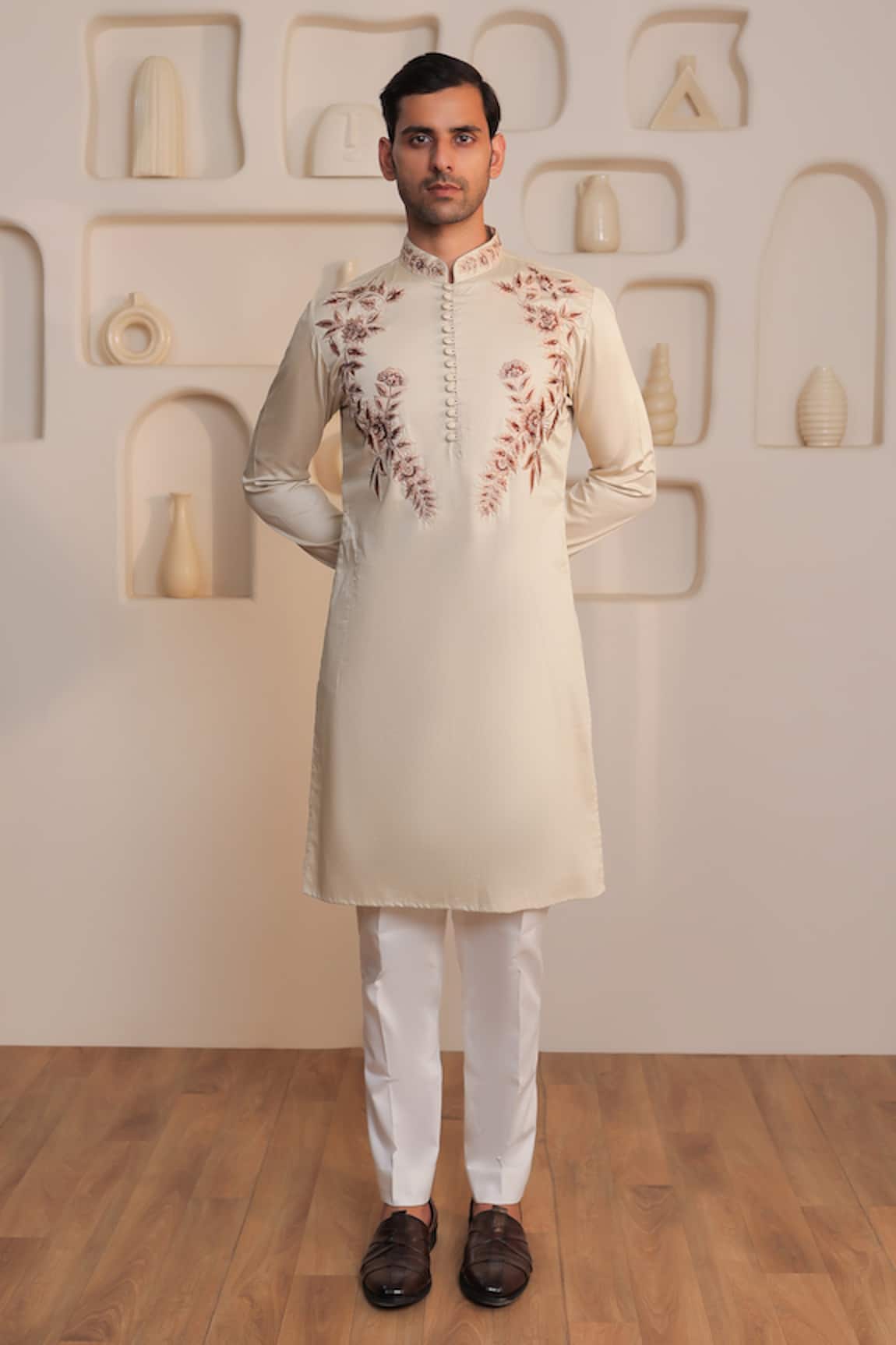 Kustomeyes Beige Sandstone Classic Kurta & Pant Set 