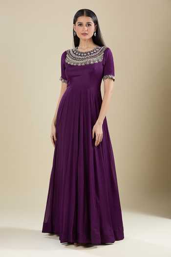 Samyukta Singhania Purple Chinon Anarkali with Mirror Work 