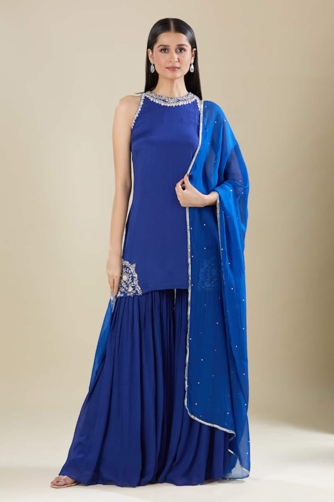 Samyukta Singhania Zardozi Embroidered Blue Kurta Sharara Set 