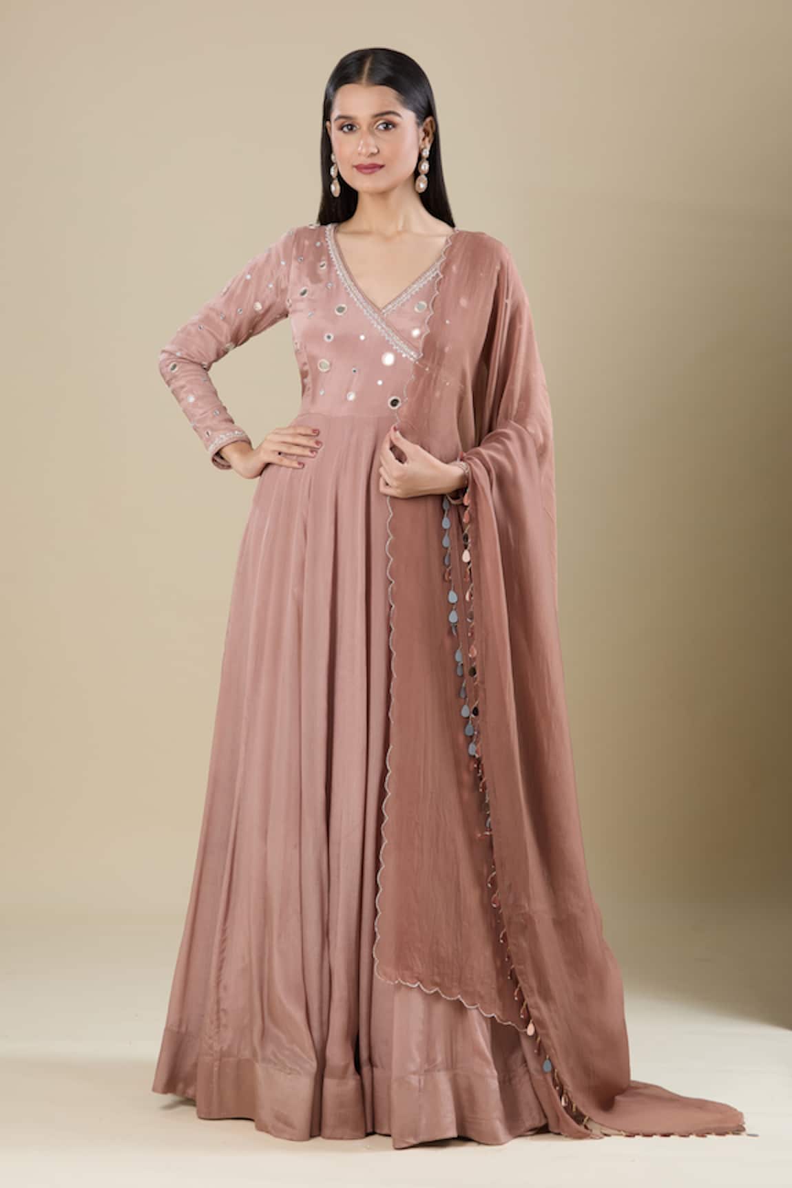 Samyukta Singhania Brown Mirror Work Anarkali Set 