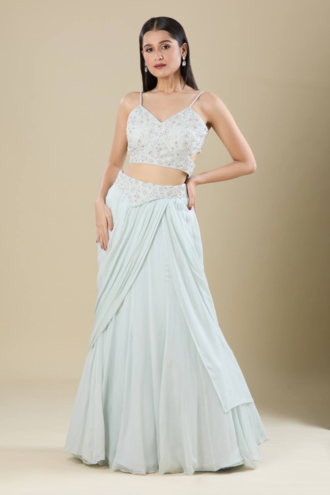 Samyukta Singhania Powder Blue Cut Dana Zardozi Lehenga Set 