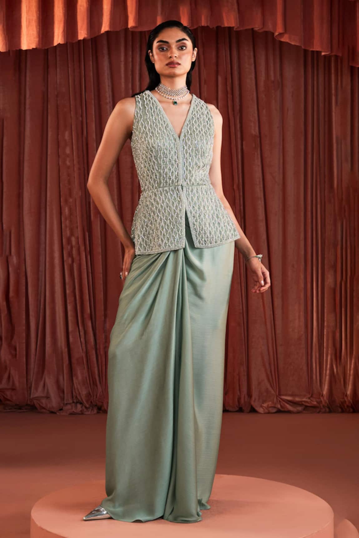 Akara Sage Green Embroidered Jacket & Skirt Set 