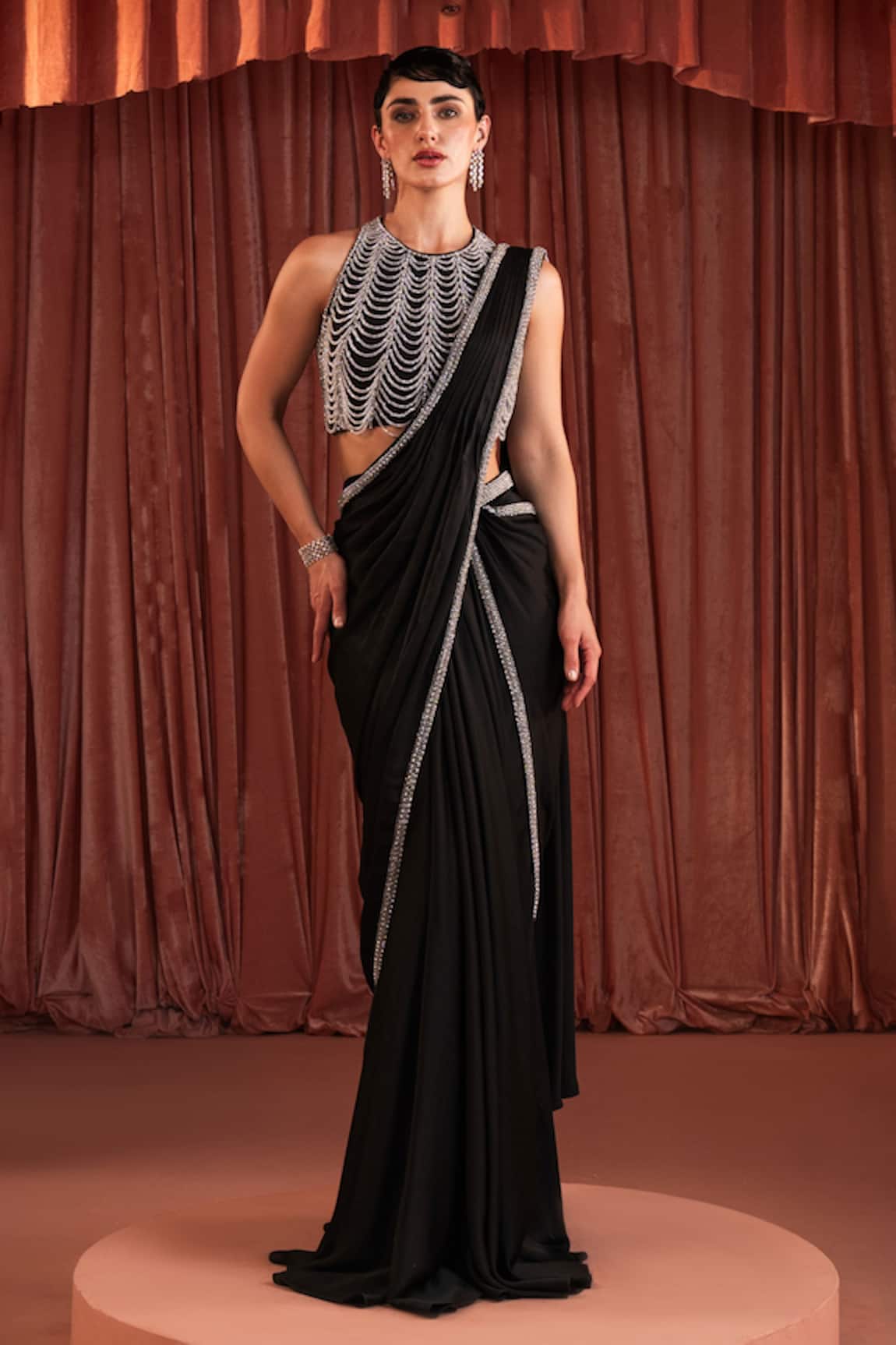 Akara Black Satin Pre-Draped Saree & Blouse Set 