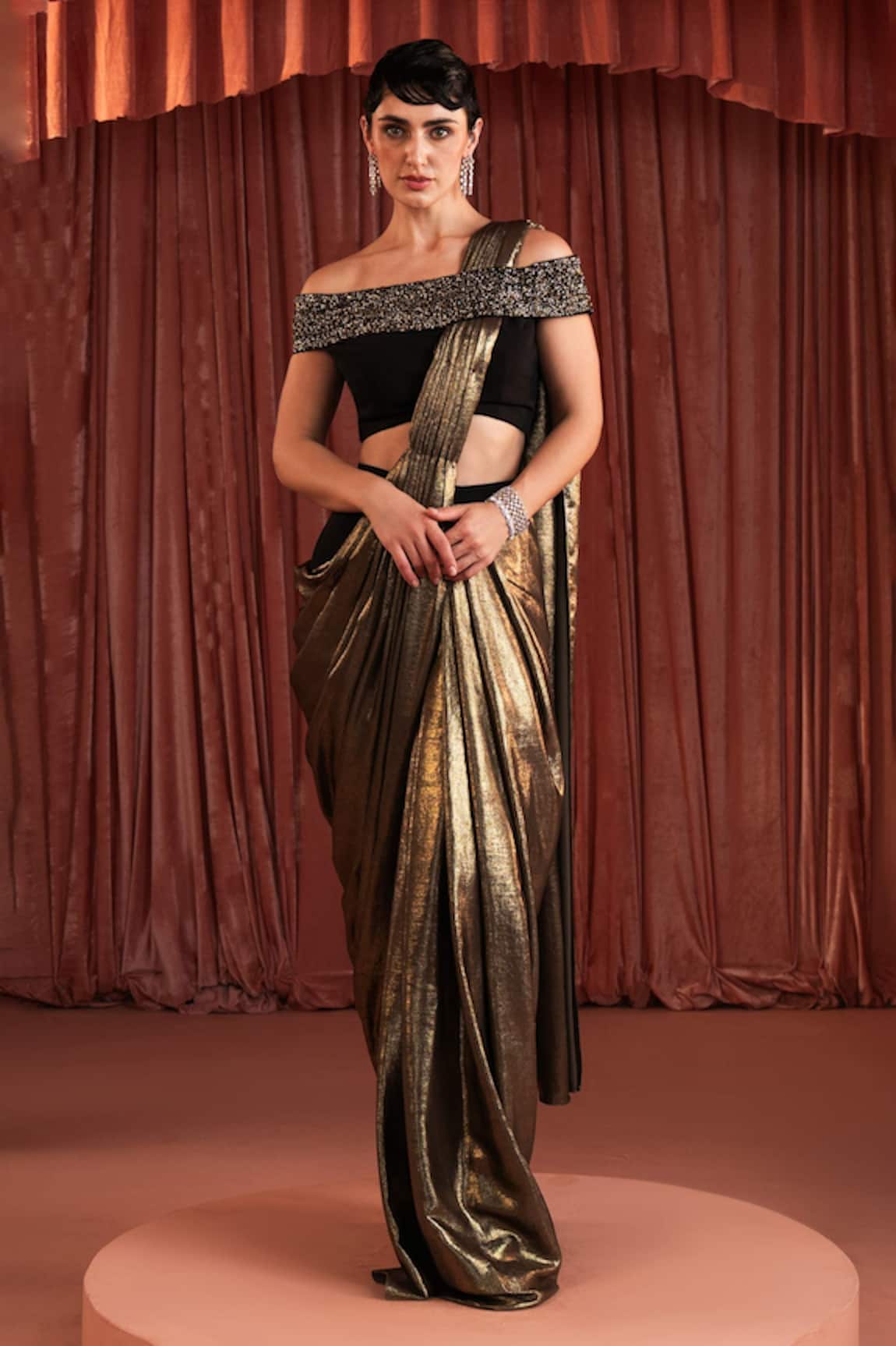 Akara Black & Gold Pre-draped Pant Saree Set 