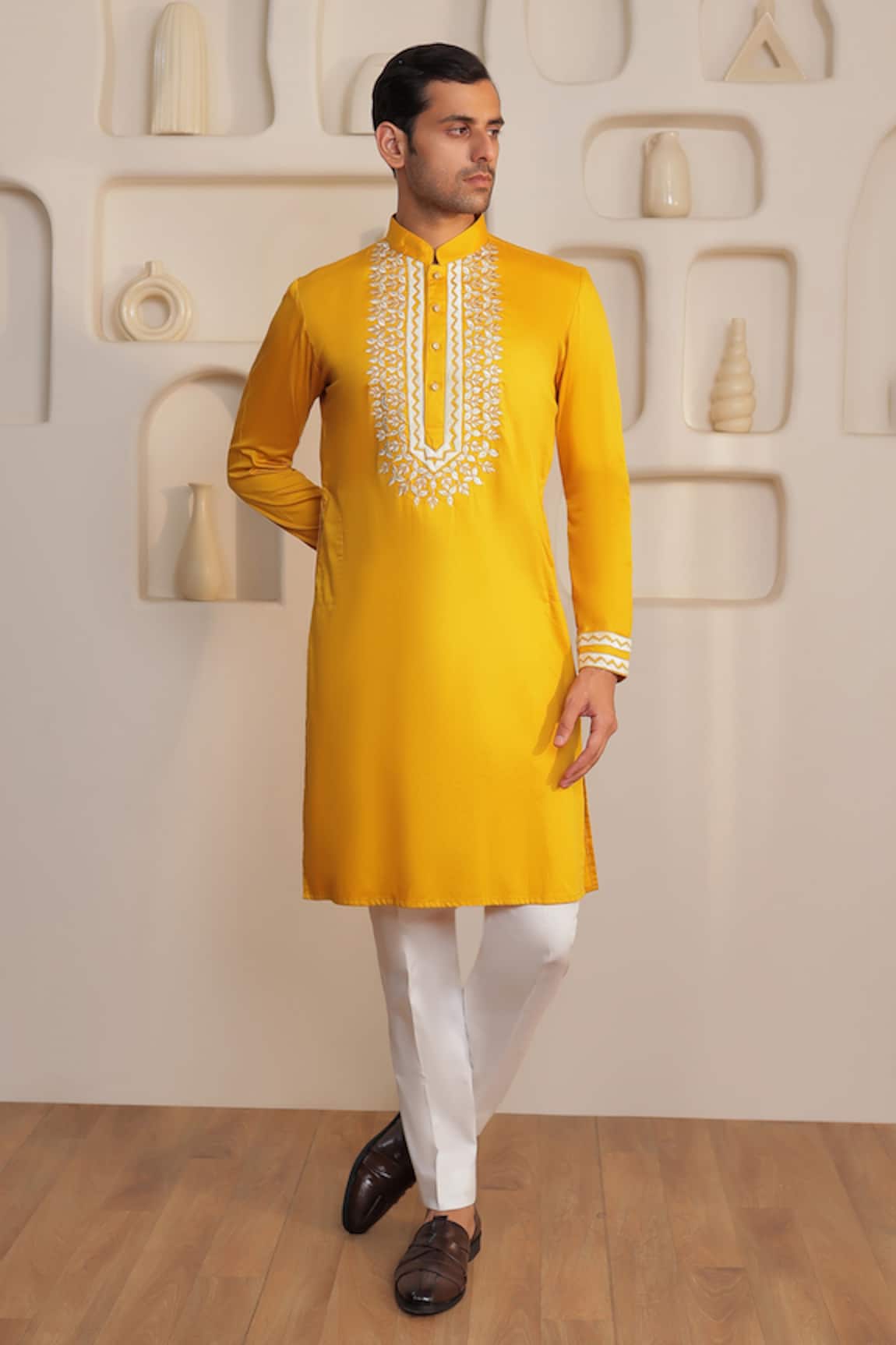 Kustomeyes Earth Ember Mustard Embroidered Kurta & Pant Set 
