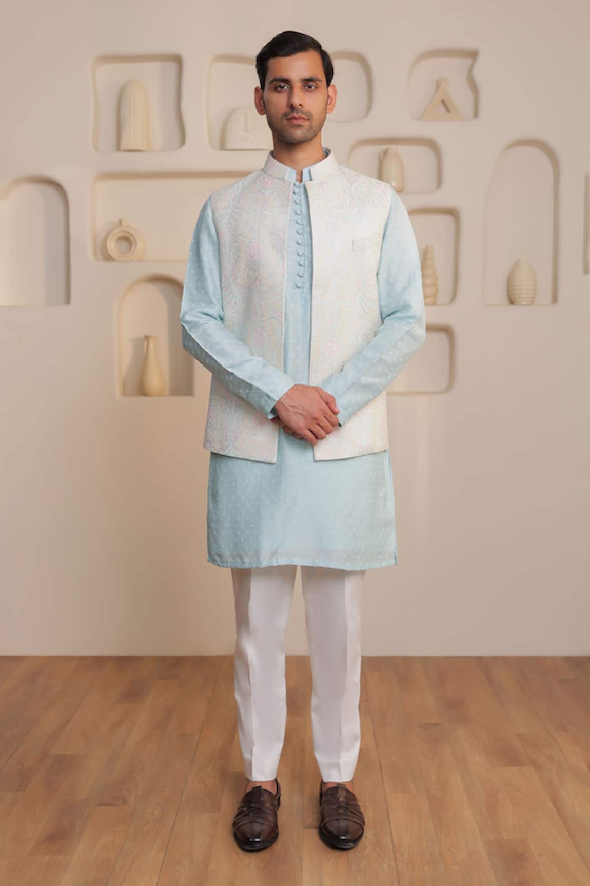 Kustomeyes Frosted Azure Designer Ice Blue Bundi Set Frosted Azure Designer Ice Blue Bundi Kurta Set 