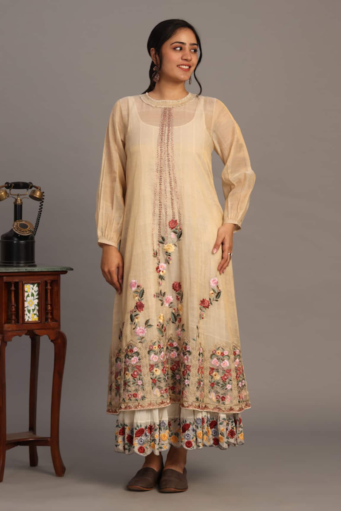 Prama By Pratima Pandey Light Gold Floral Embroidered Tunic 