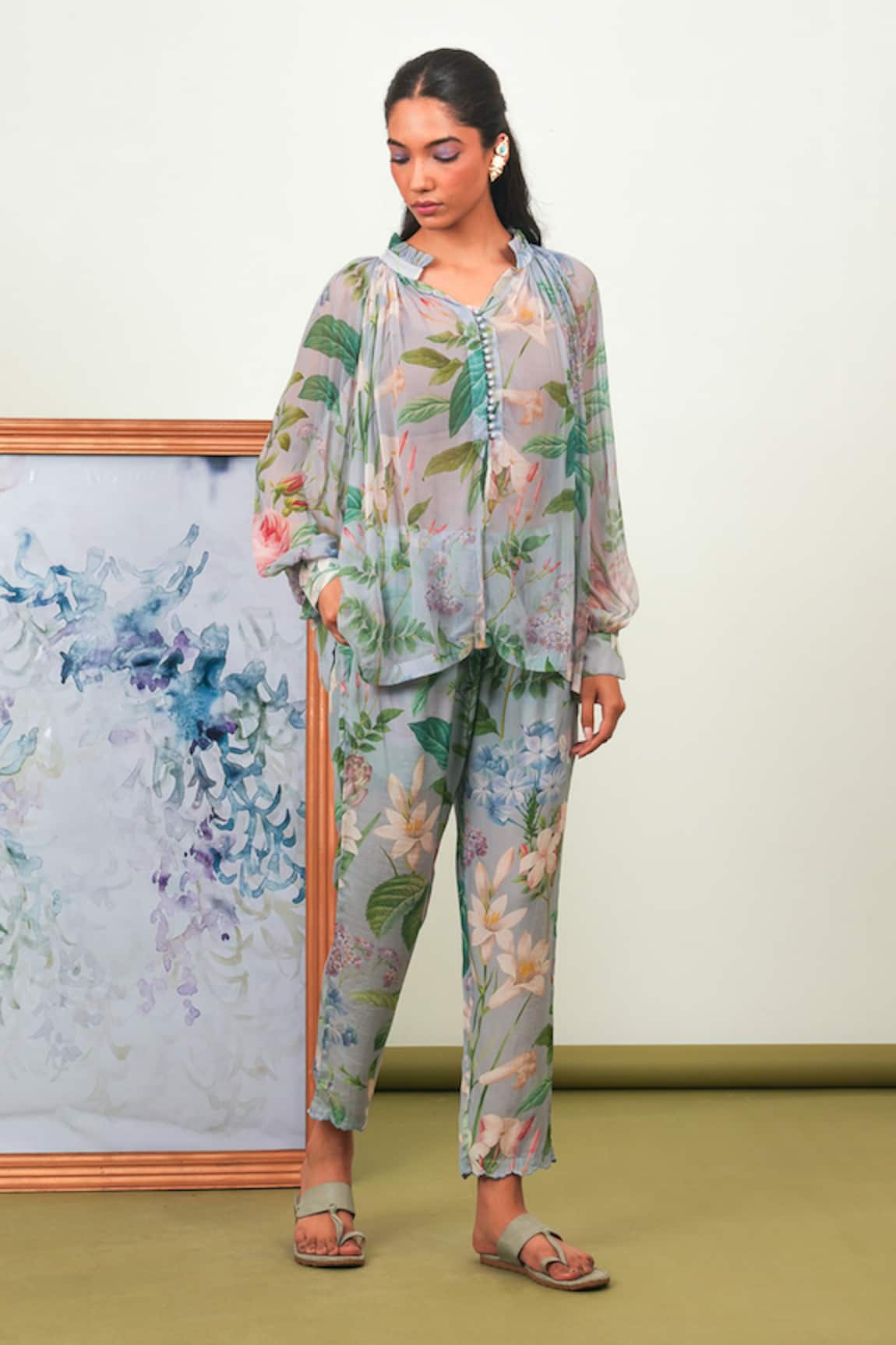 Sage Saga Holly Chiffon Printed Shirt & Pant Set 