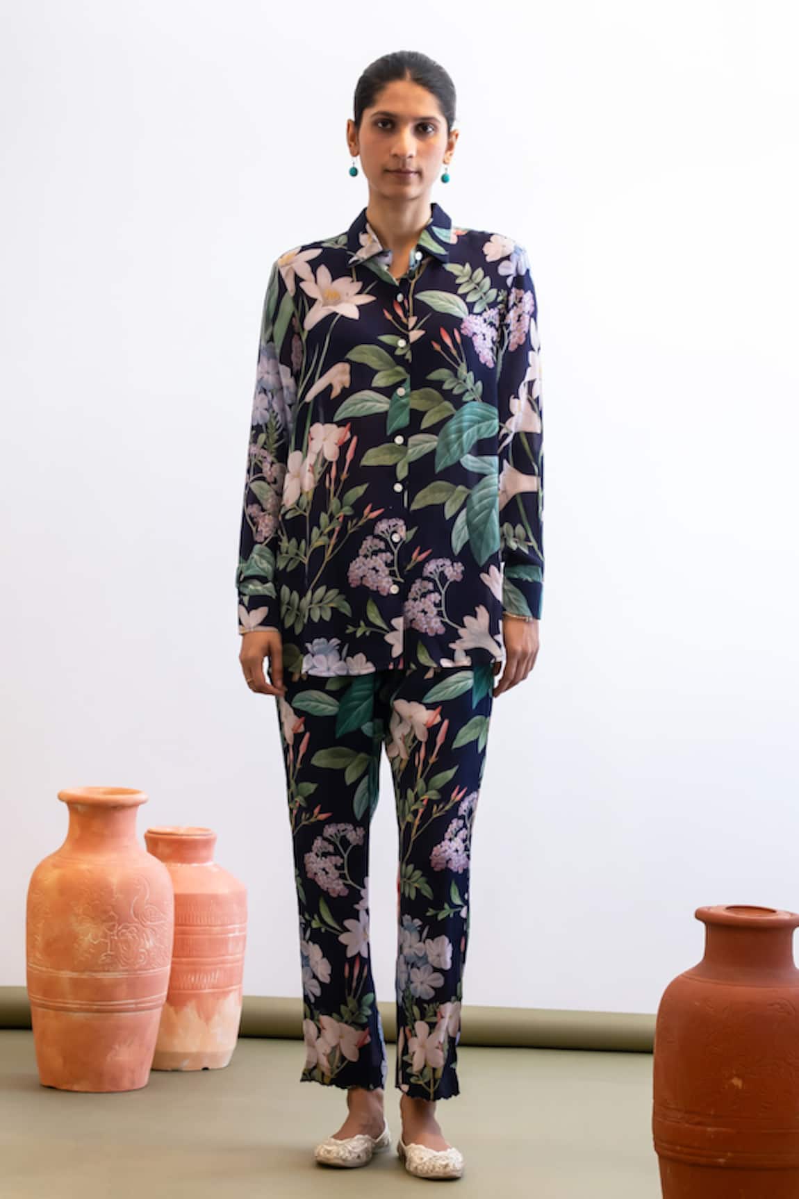Sage Saga Flower Print Shirt With Pant 