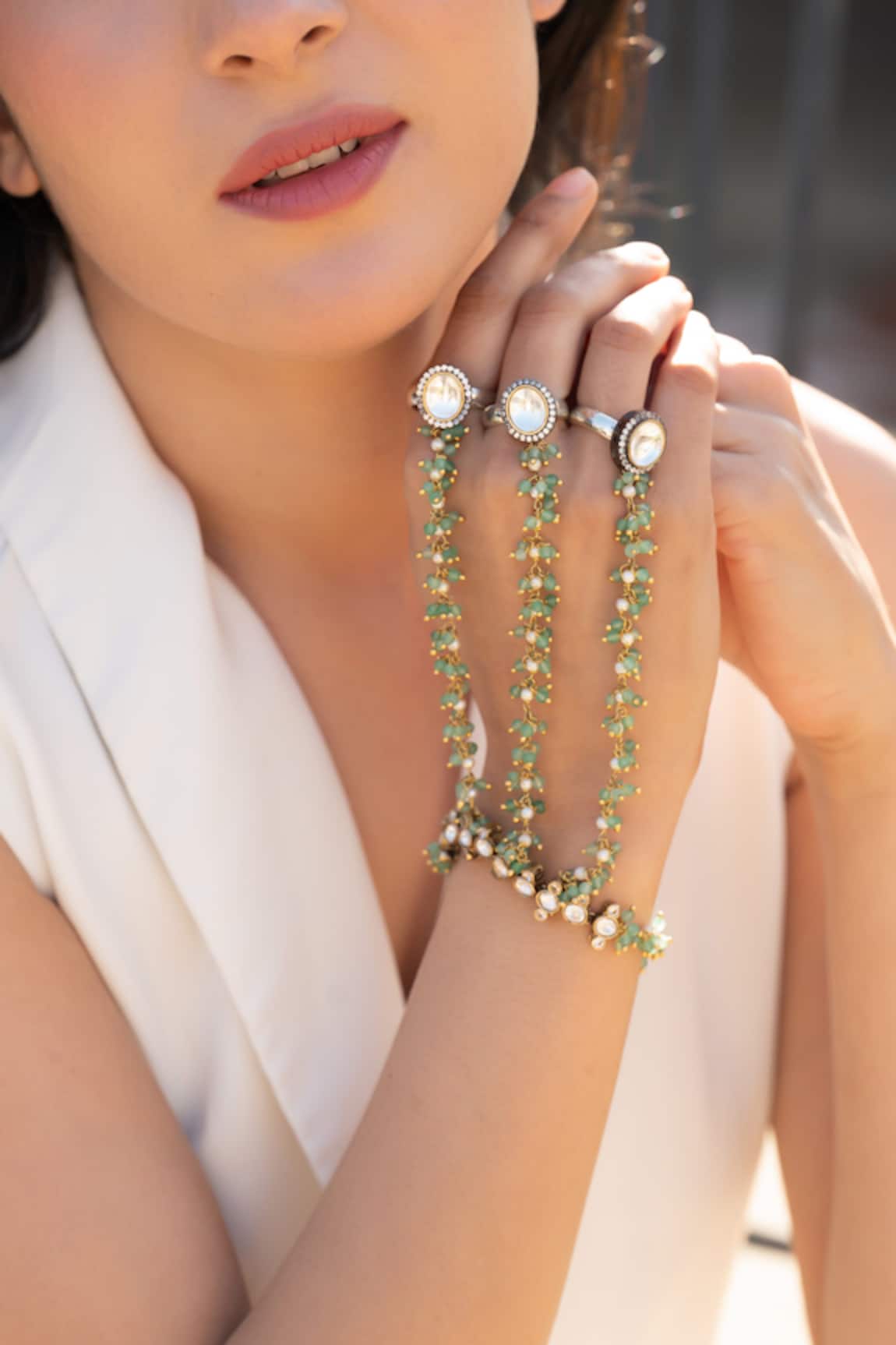Do Taara Mint Polki Hathphool Bracelet 