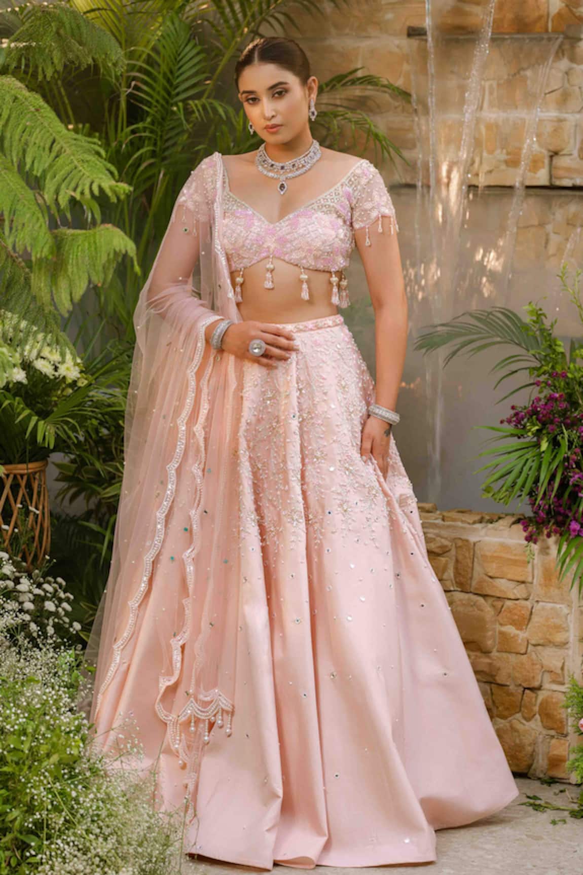 Tamaraa By Tahani Roselle Blush Pearl Lehenga Set 