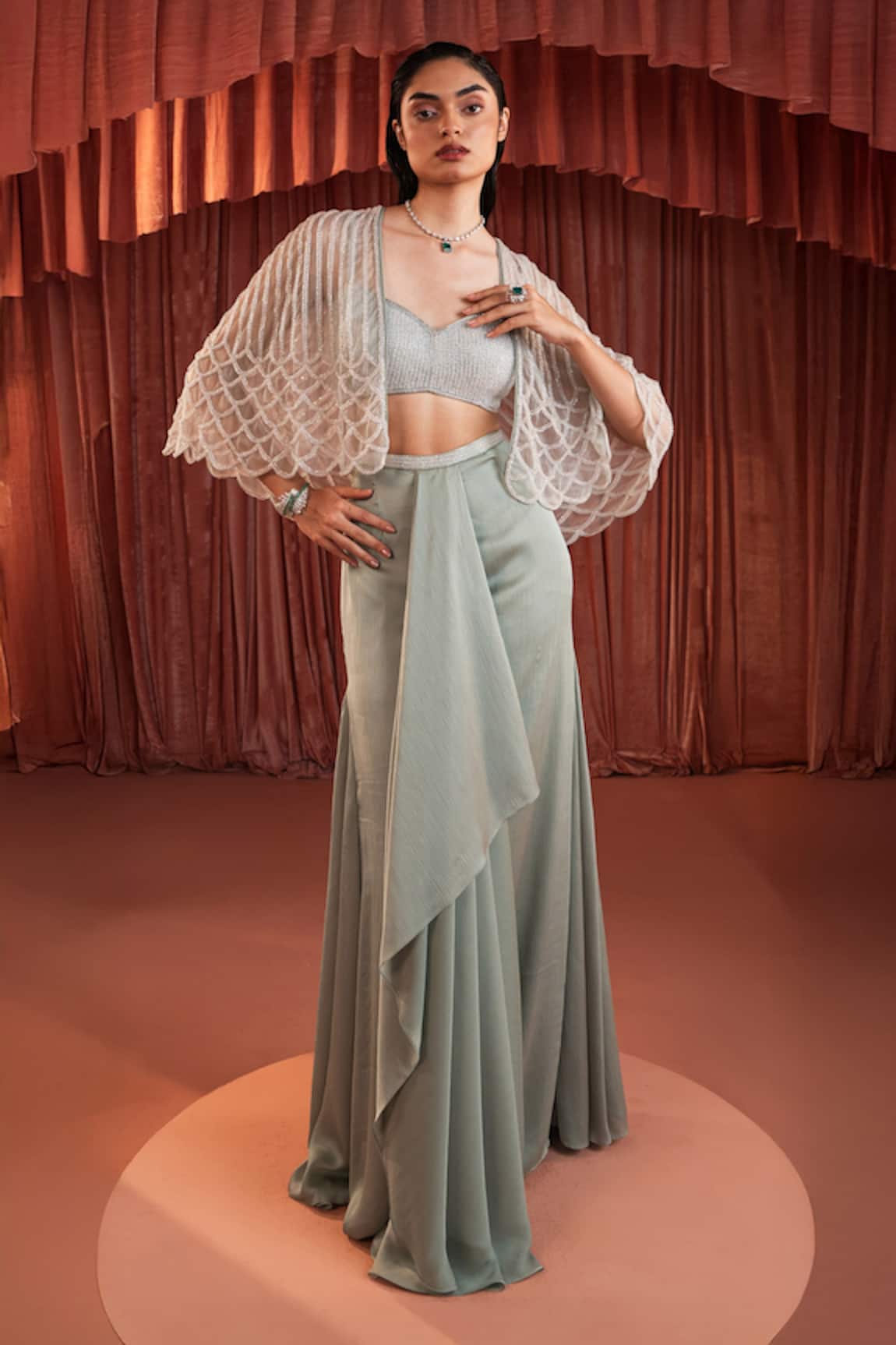 Akara Sea Green Organza Cape & Satin Skirt Set 