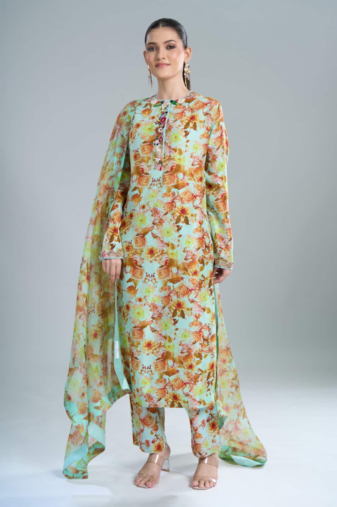 Anamika Khanna Sky Blue Floral Print Kurta Set 