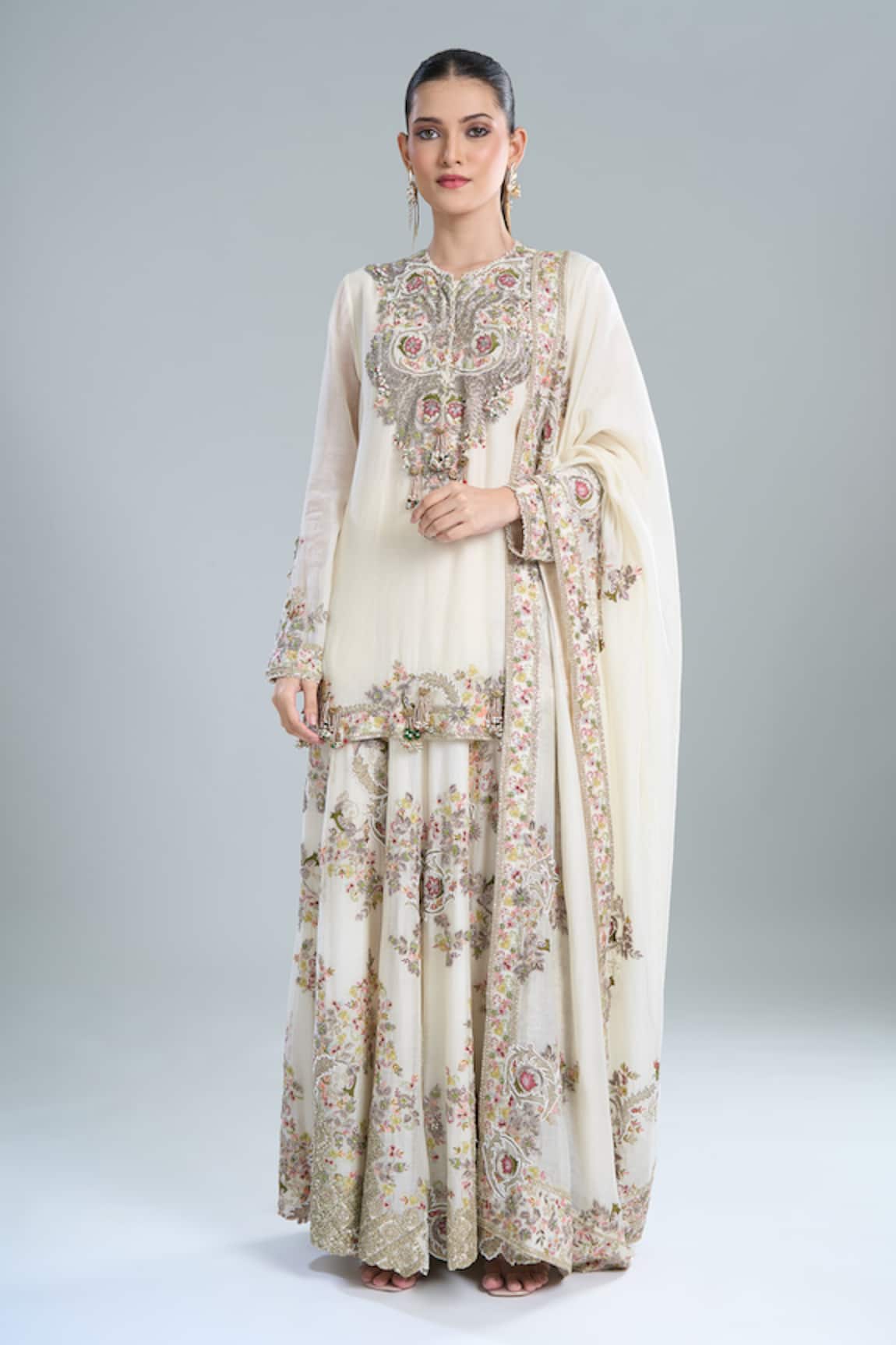 Anamika Khanna Ivory Embroidered Short Kurta Gharara Set 