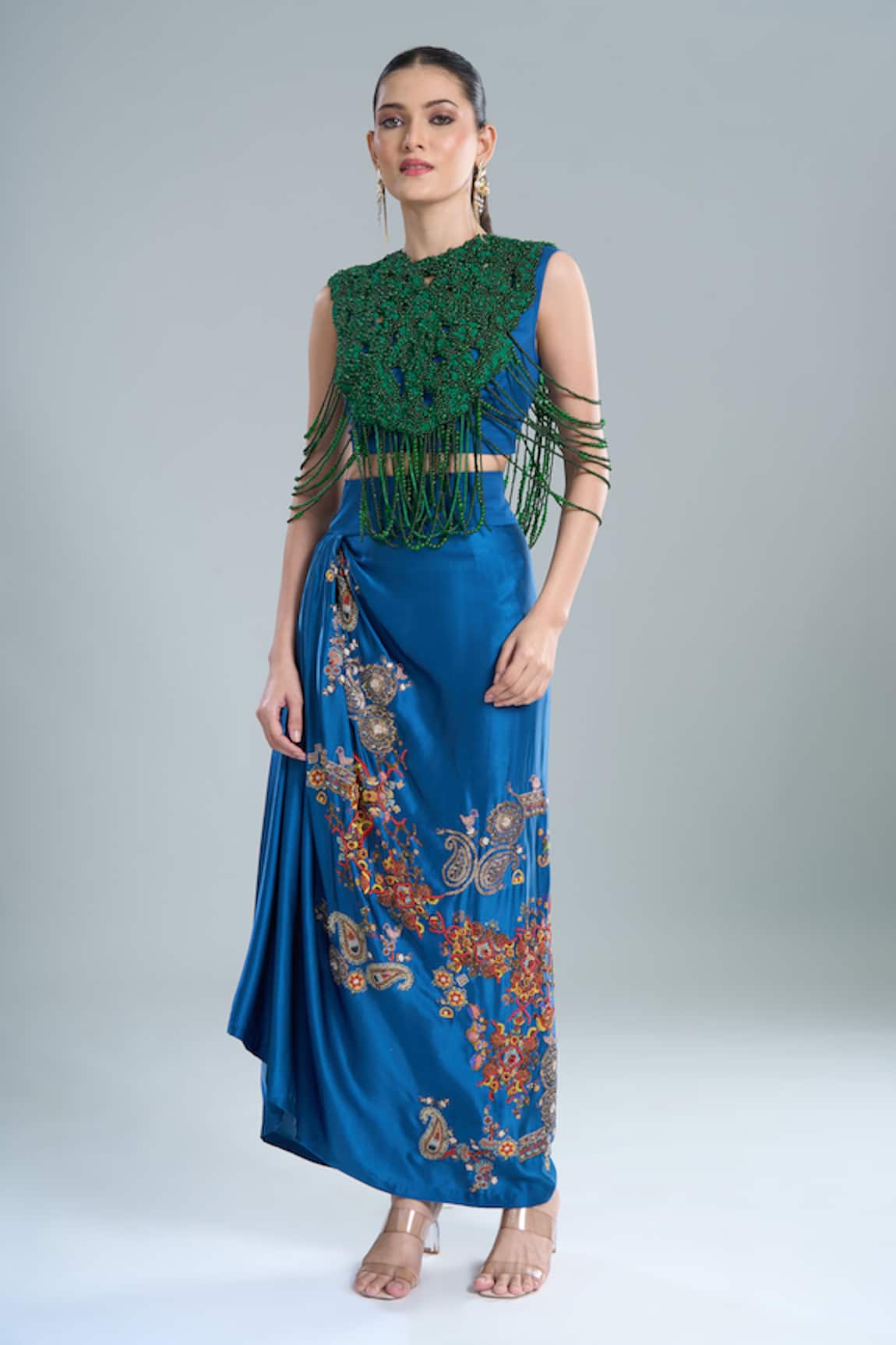 Anamika Khanna Beaded Cape & Embroidered Draped Skirt Set 