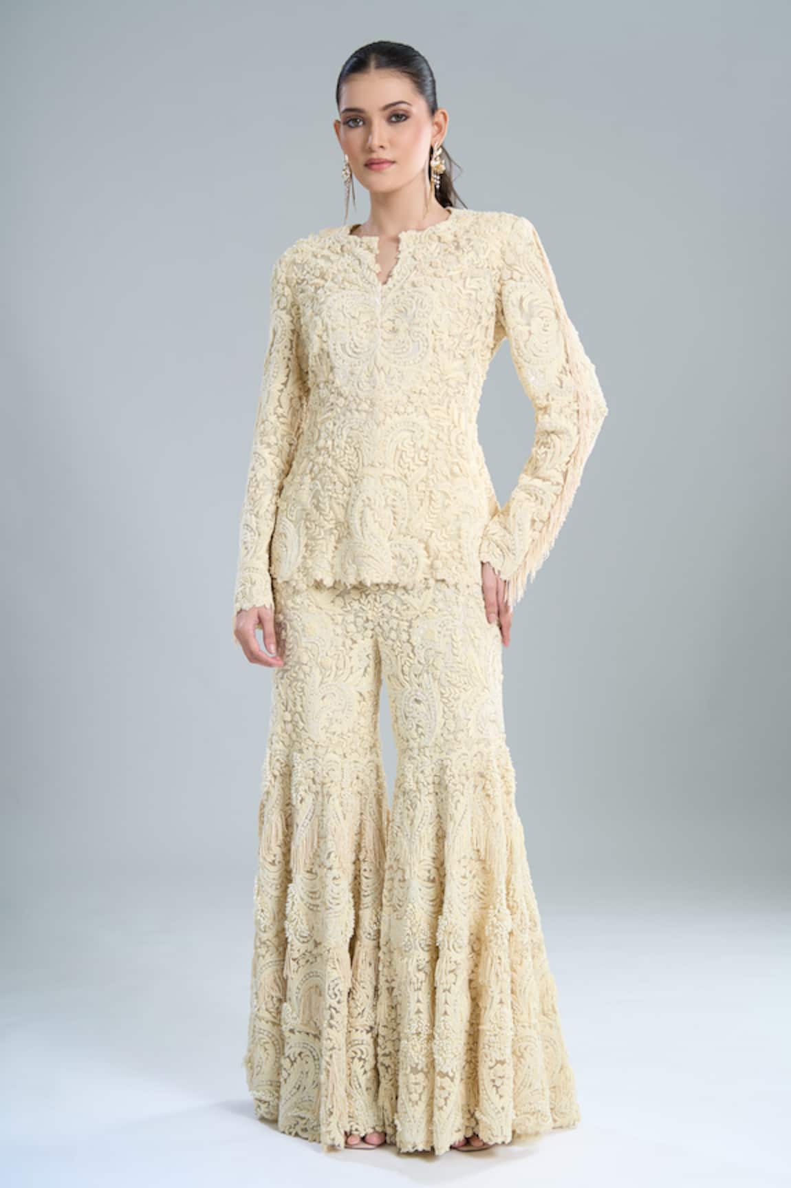 Anamika Khanna Ivory Embroidered Peplum Top & Sharara Set 