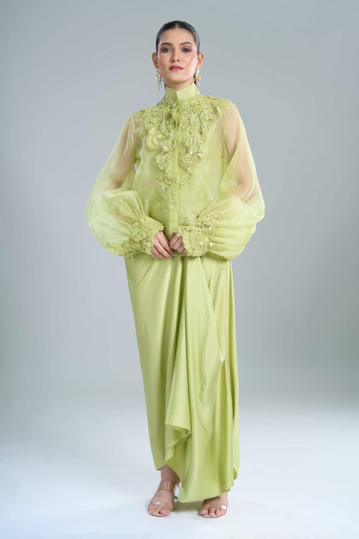 Anamika Khanna Lime Embroidered Shirt & Draped Skirt Set 
