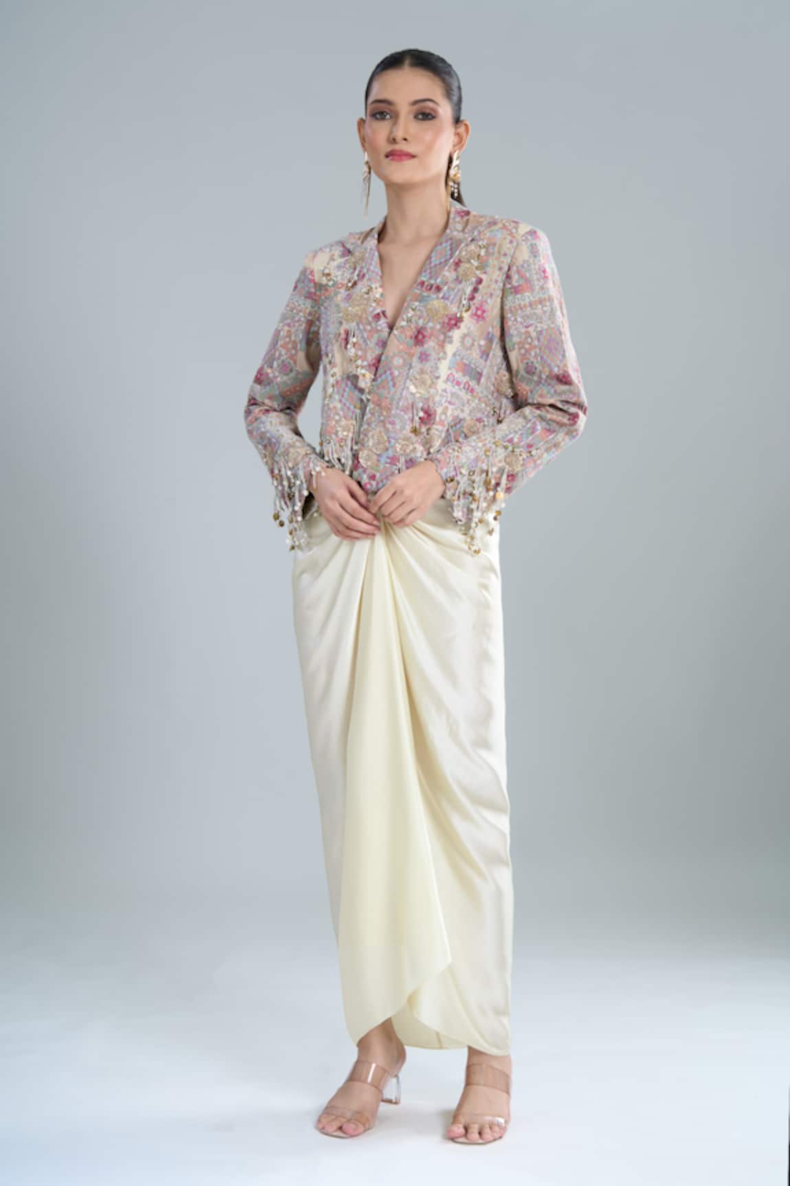 Anamika Khanna Embroidered Short Jacket & Draped Skirt Set 