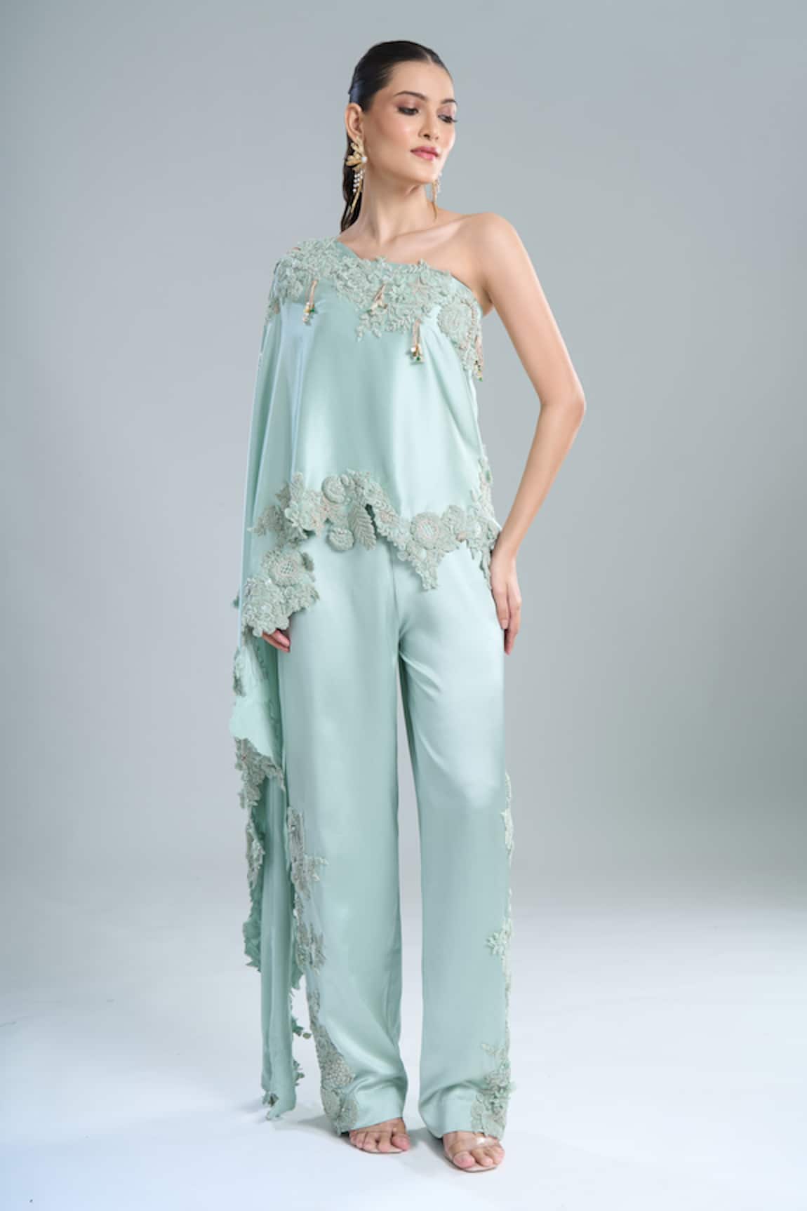 Anamika Khanna Embroidered One Shoulder Cape Pant Set 