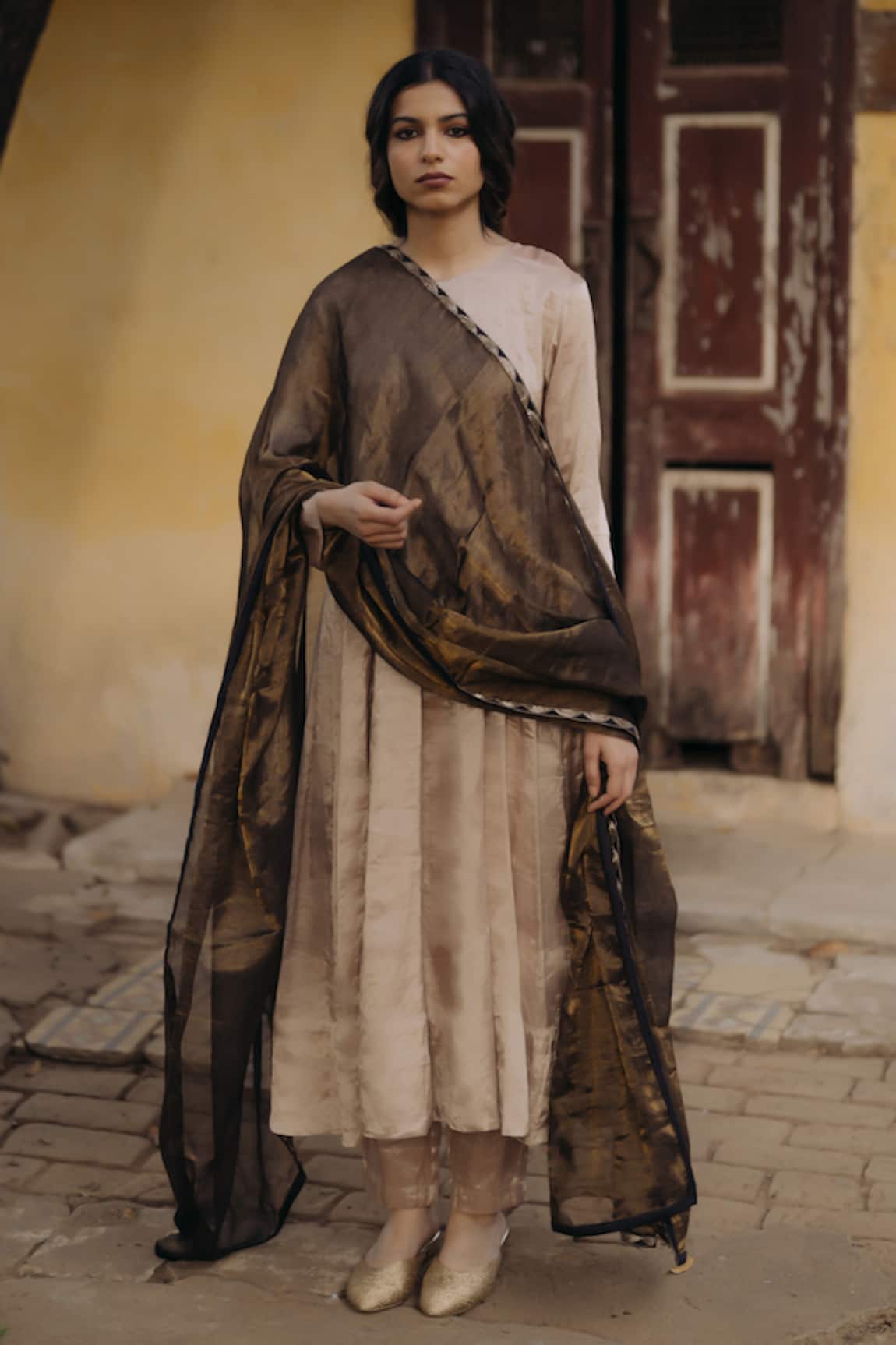 KAJAL AGRAWAL Oyster Handwoven Anarkali Set 