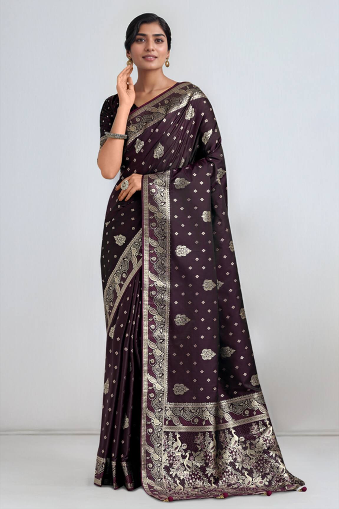Samyukta Singhania Wine Banarasi Satin Silk Saree With Blouse 