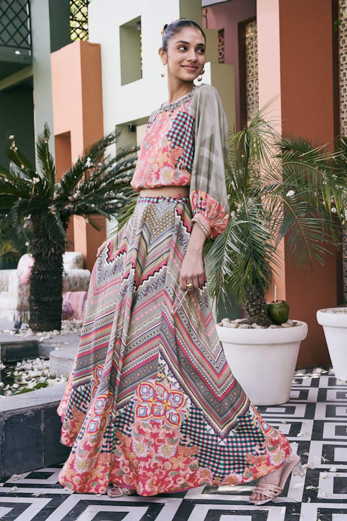 Saundh Printed Crop Top & Paneled Skirt Set