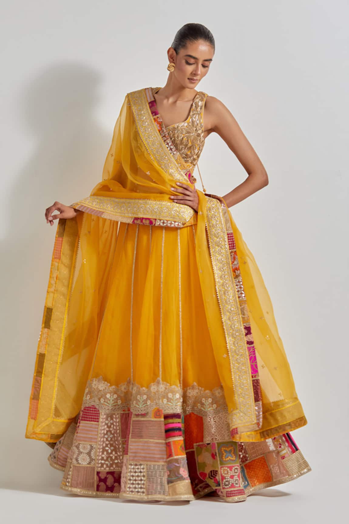 Kavita Bhartia Yellow Organza Patch Work Lehenga Set 