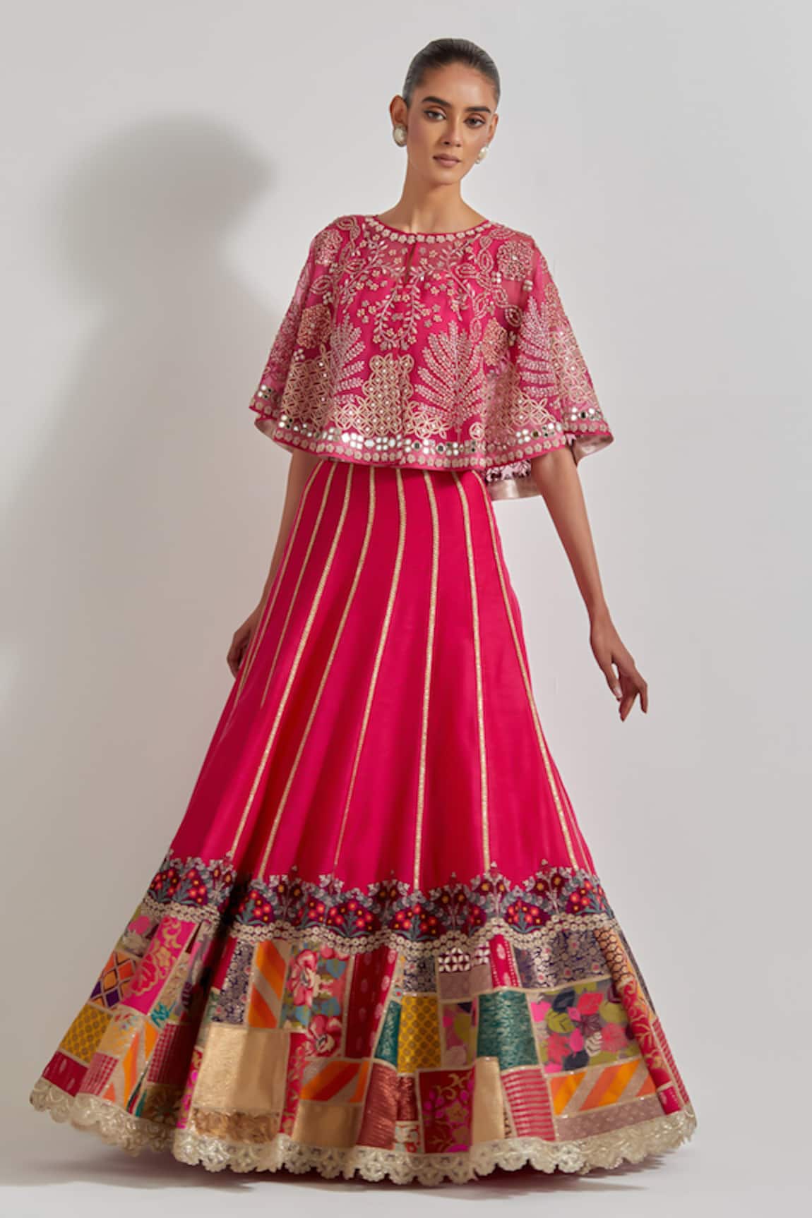 Kavita Bhartia Fuchsia Patch Work Cape Lehenga Set 