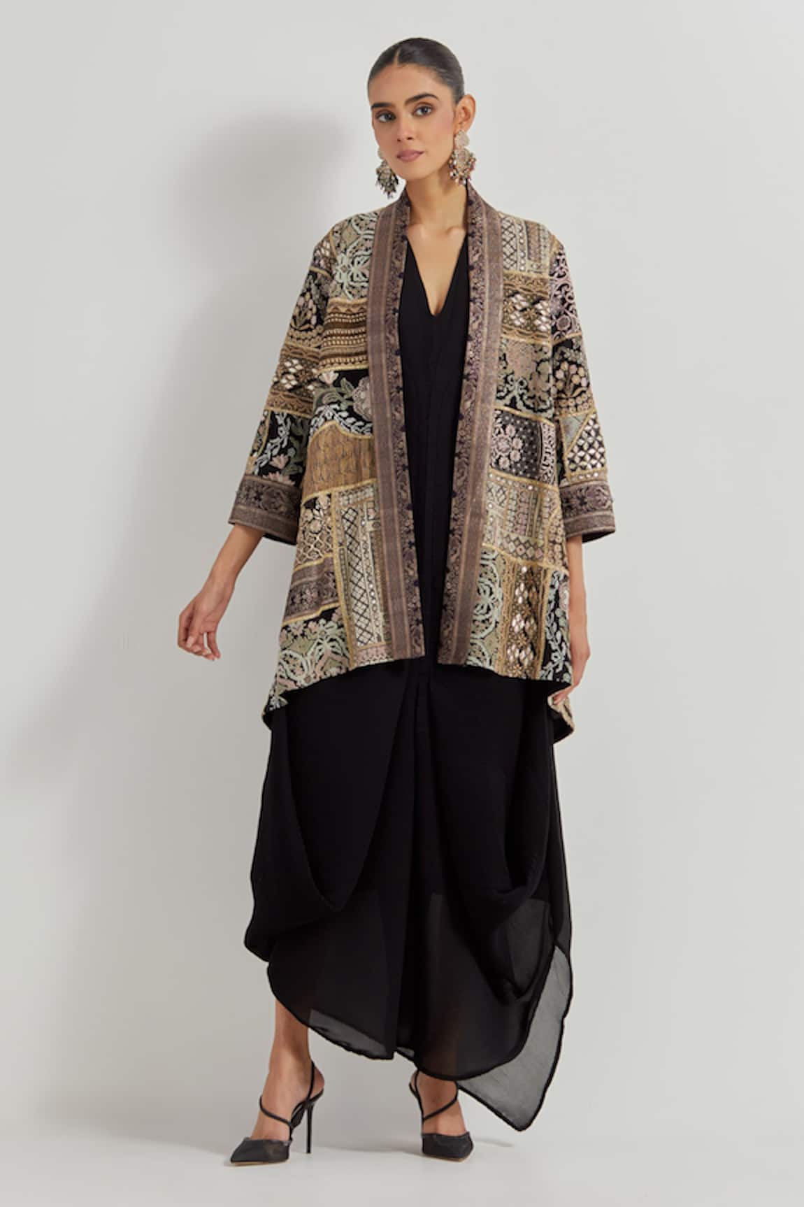 Kavita Bhartia Black Crinkle Georgette Dress & Jacket 