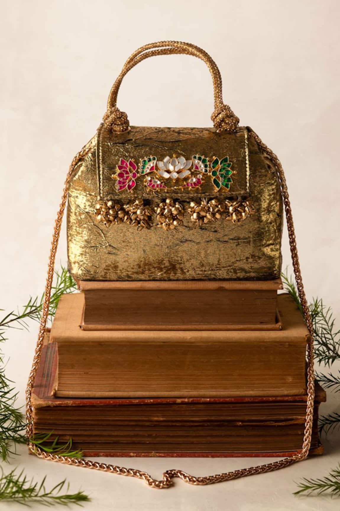 Bhavna Kumar Antique Gold Kundan Embellished Tote Bag 