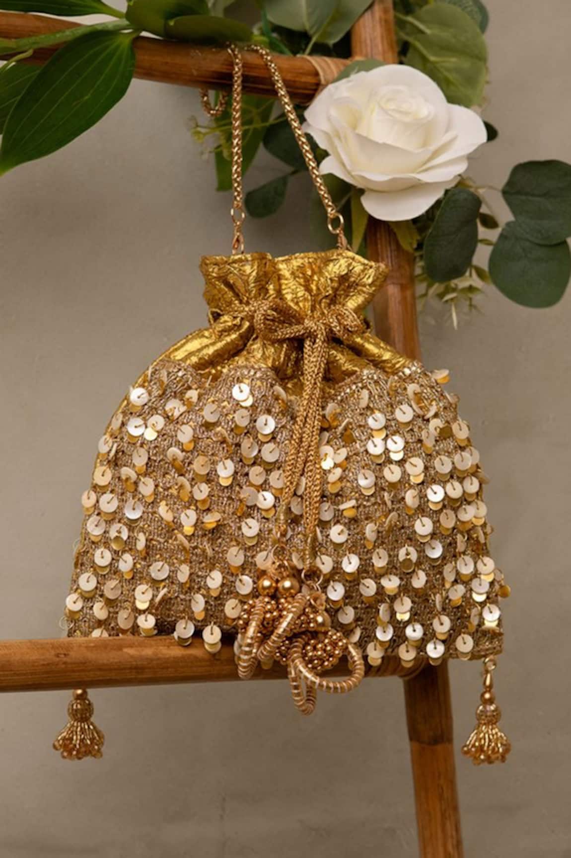 Bhavna Kumar Gold Sequined Potli Bag with Sling Chain 
